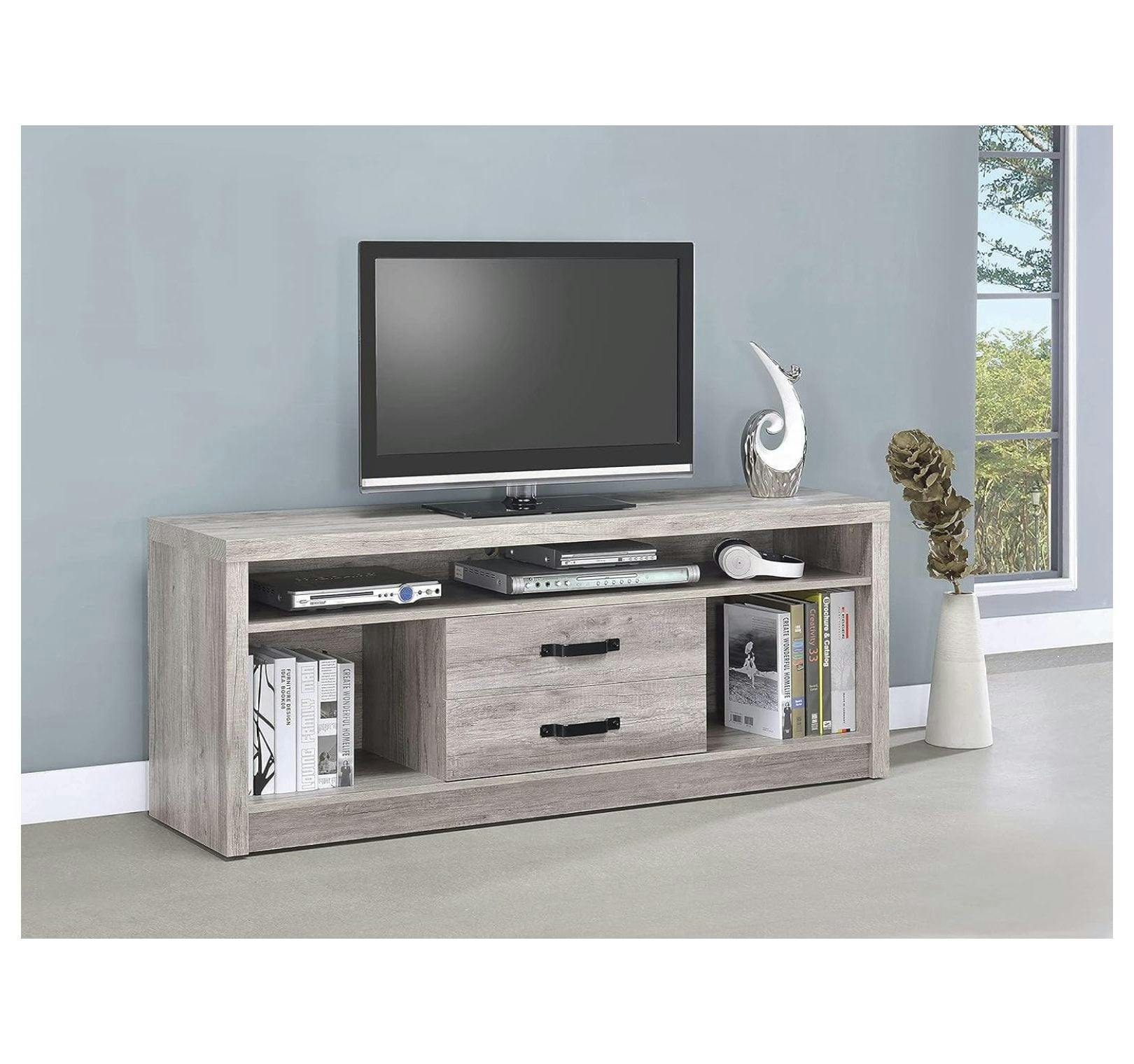 Modern Driftwood Gray TV Console with 2 Drawers and Open Shelving