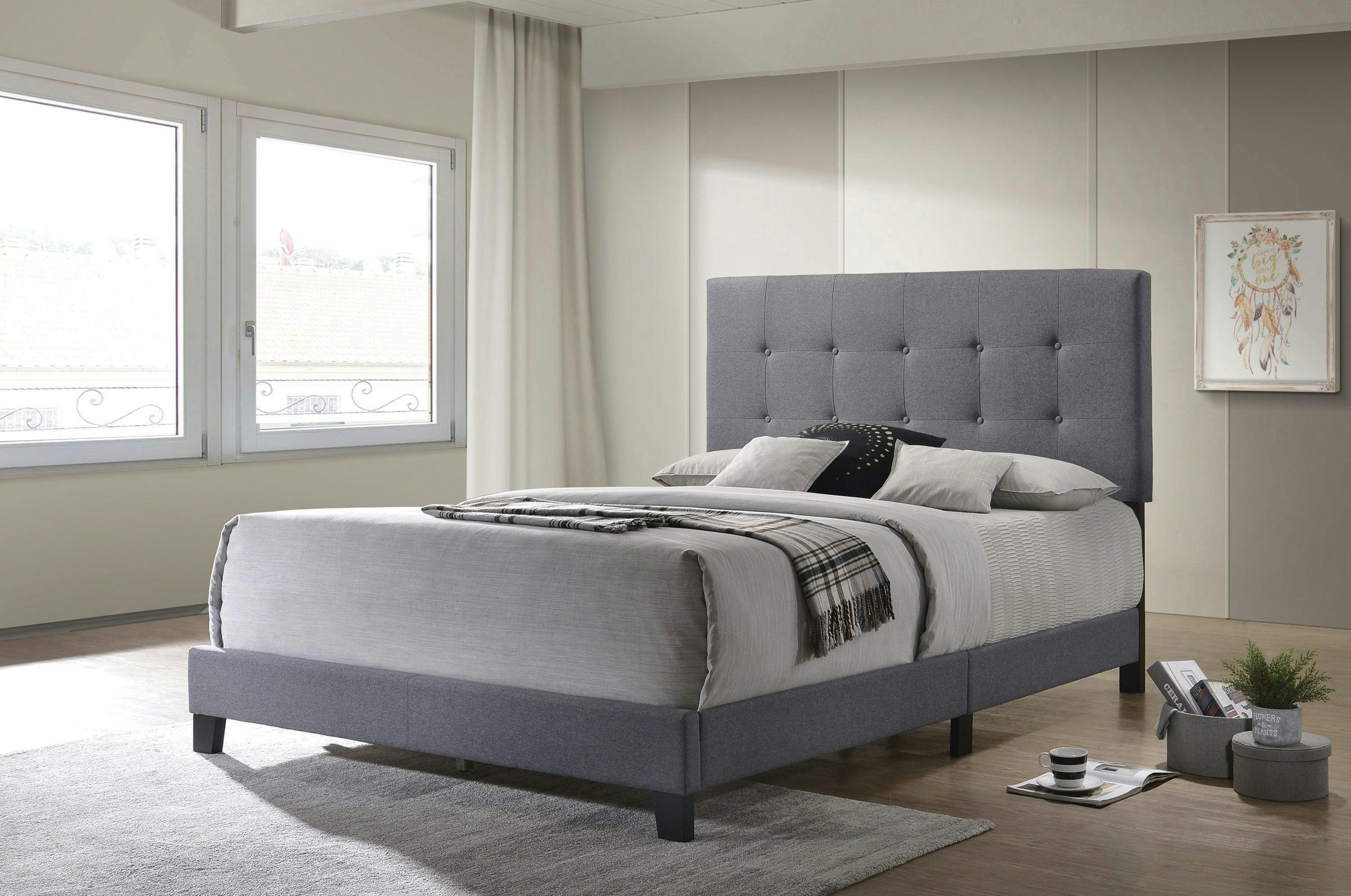 Transitional Tufted Gray Upholstered King Bed with Wood Frame