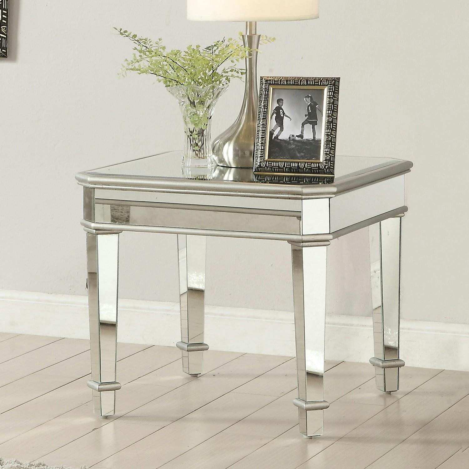 Elegance Reflection 28" Silver Wood & Glass Mirrored End Table