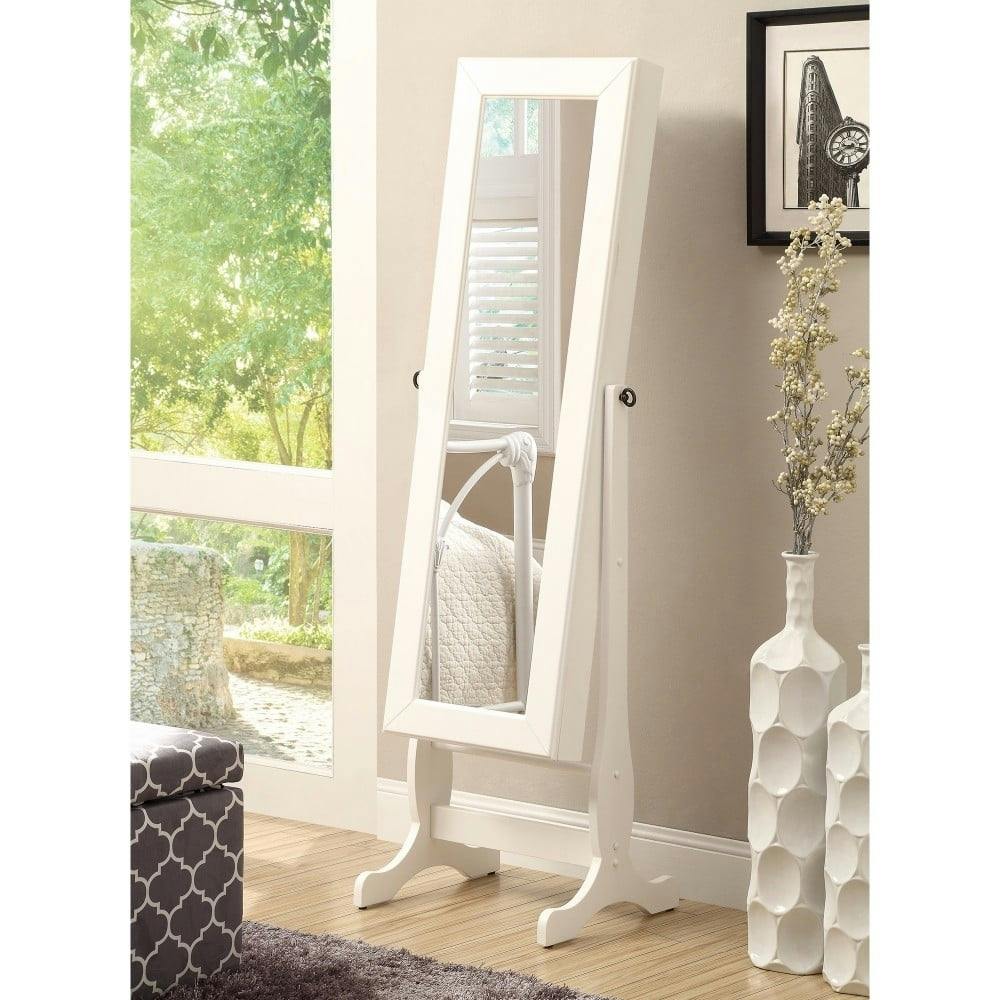 Transitional White Jewelry Armoire with Rotating Mirror and Storage