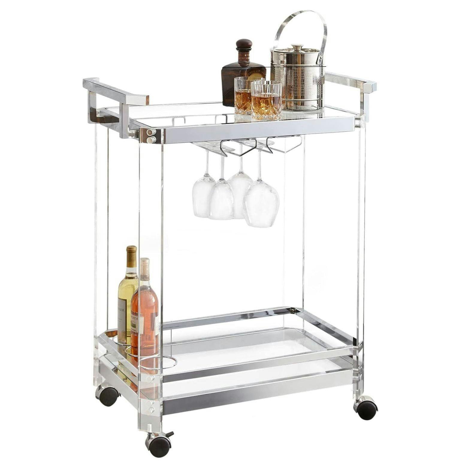 Aeron Modern Acrylic Serving Cart with Tempered Glass Shelves
