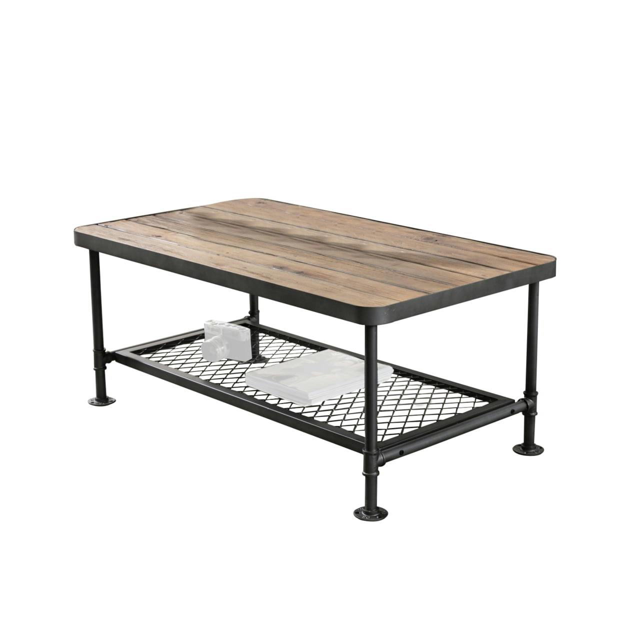 Industrial Plank-Top Coffee Table with Mesh Shelf, Brown and Gray