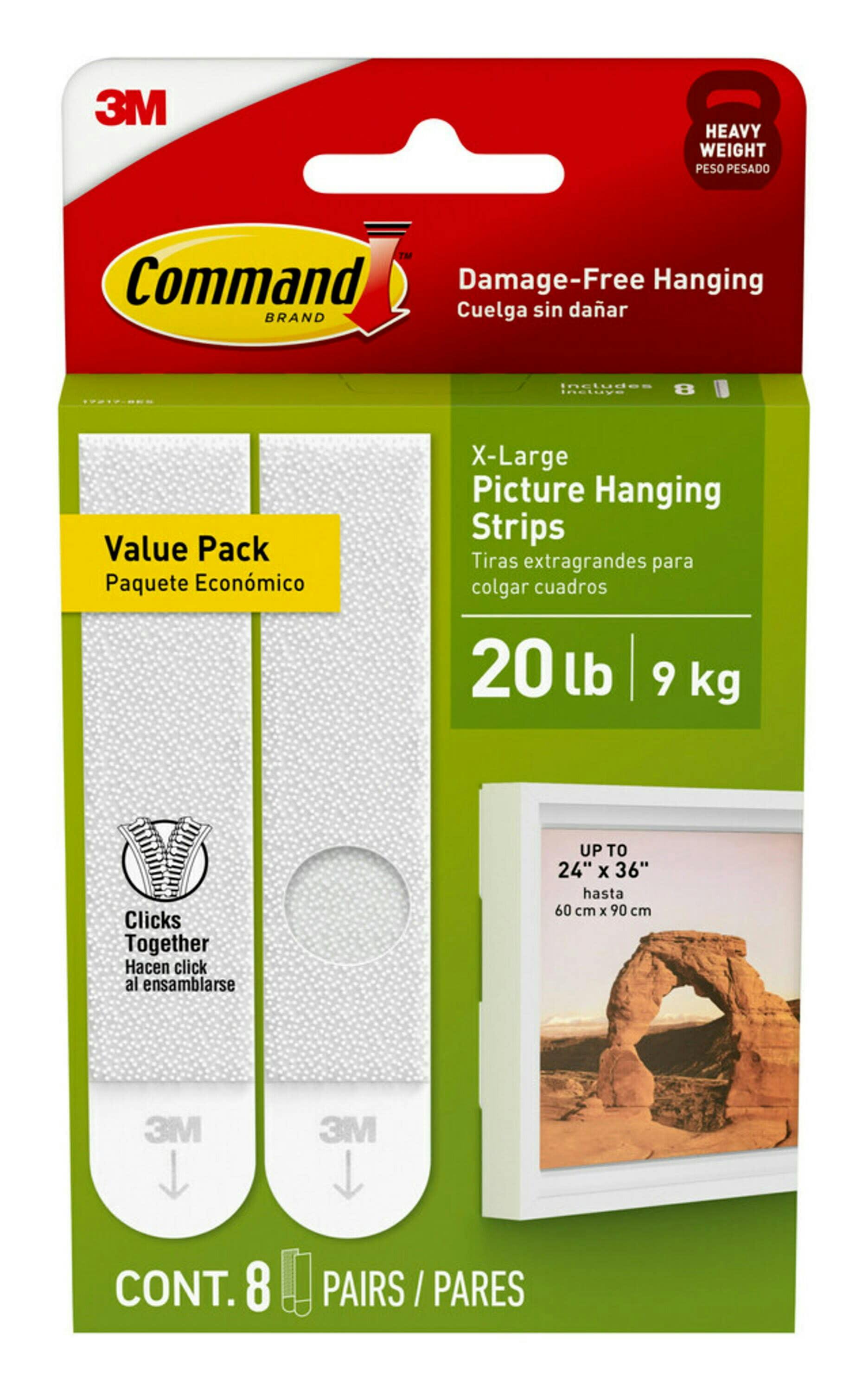 Command 20 Lb XL White Heavyweight Picture Hanging Strips, 8 Pairs