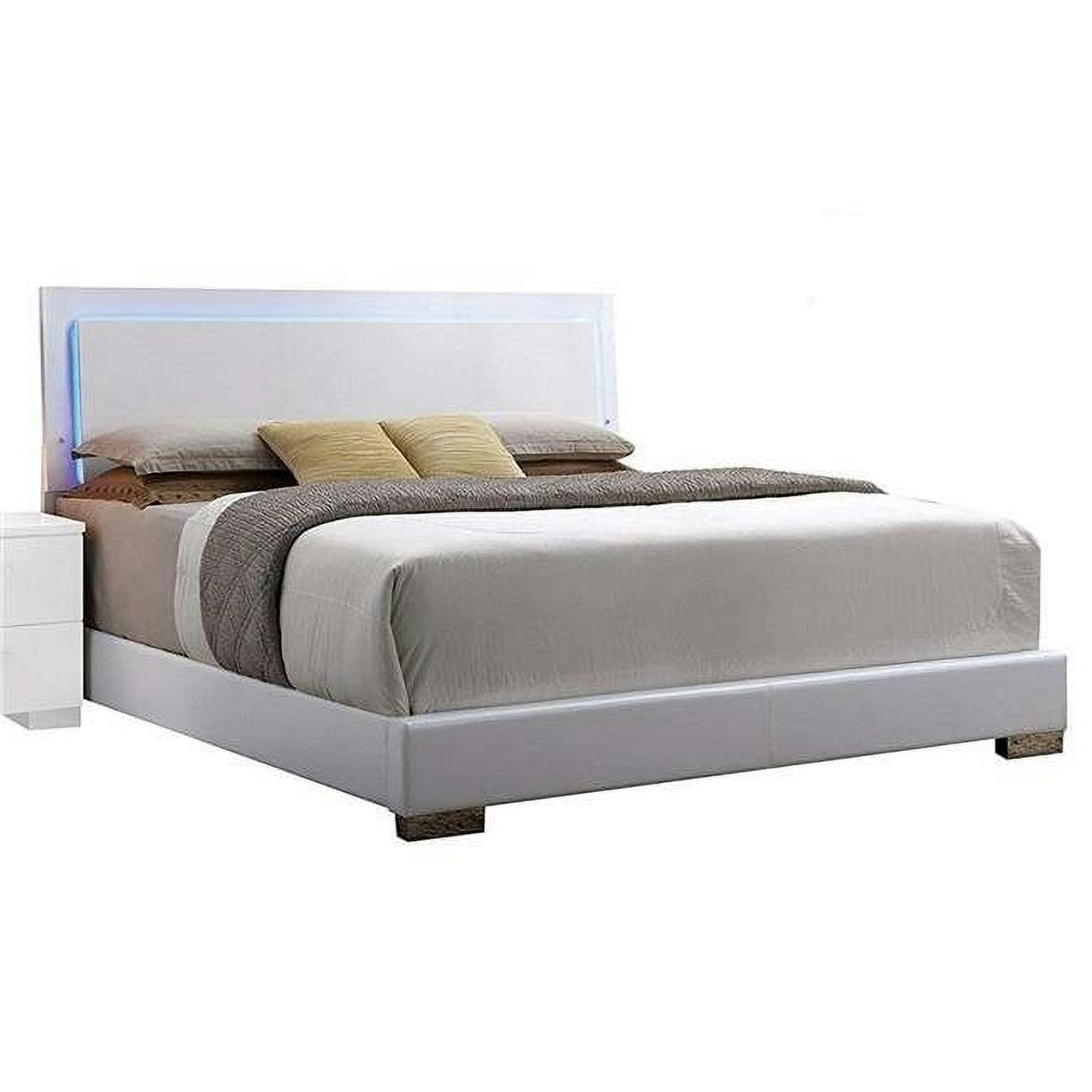 Lorimar High Gloss White Queen Bed with LED Headboard and Faux Leather
