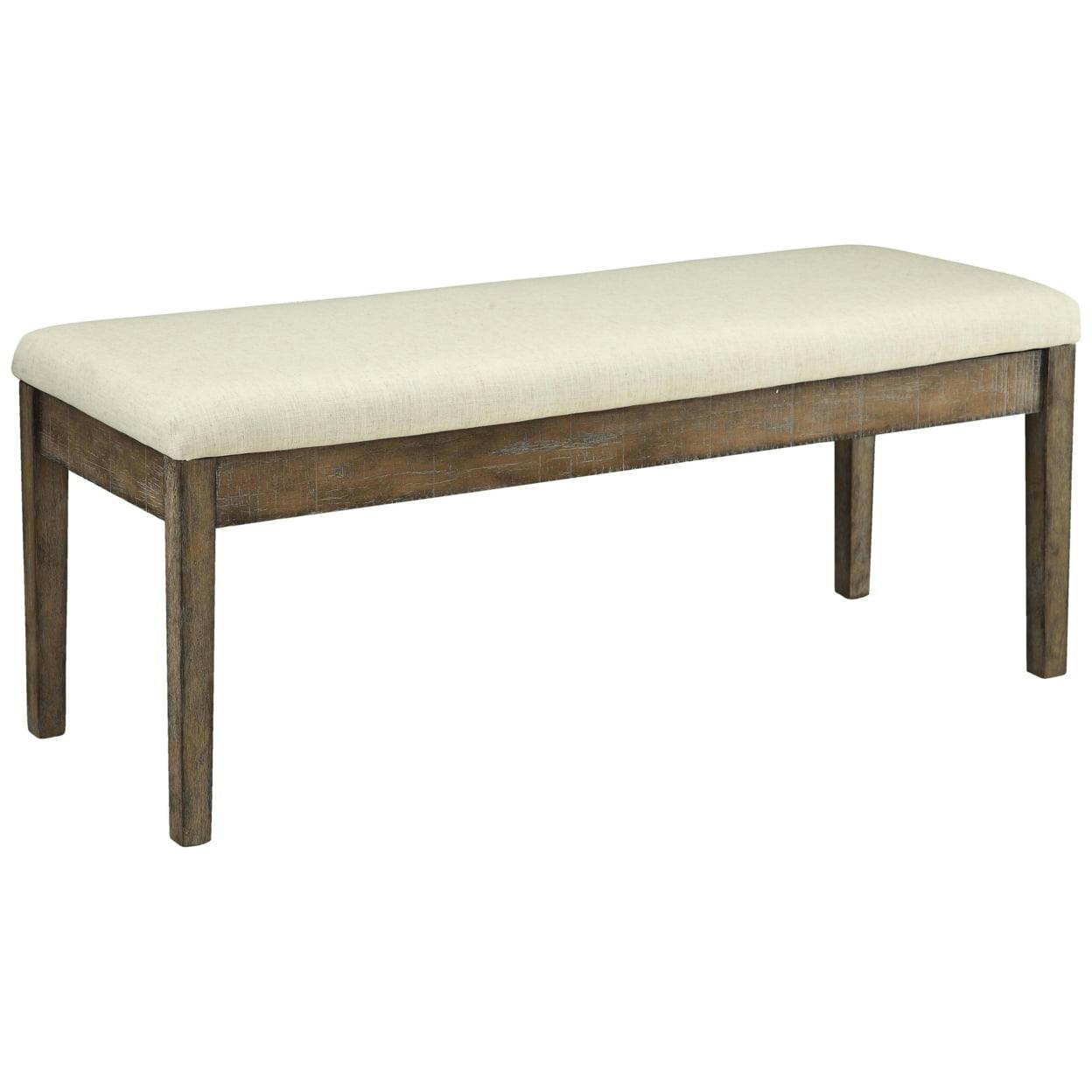 Salvage Brown Wood and Beige Linen Cushioned Bench