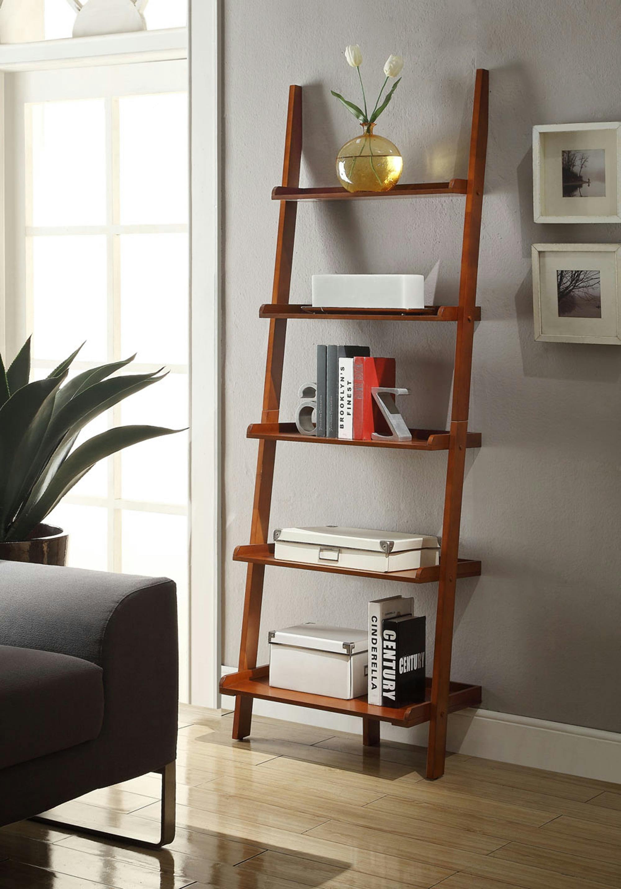 Sleek Black 73" Wood Ladder Bookshelf with 5 Tiers