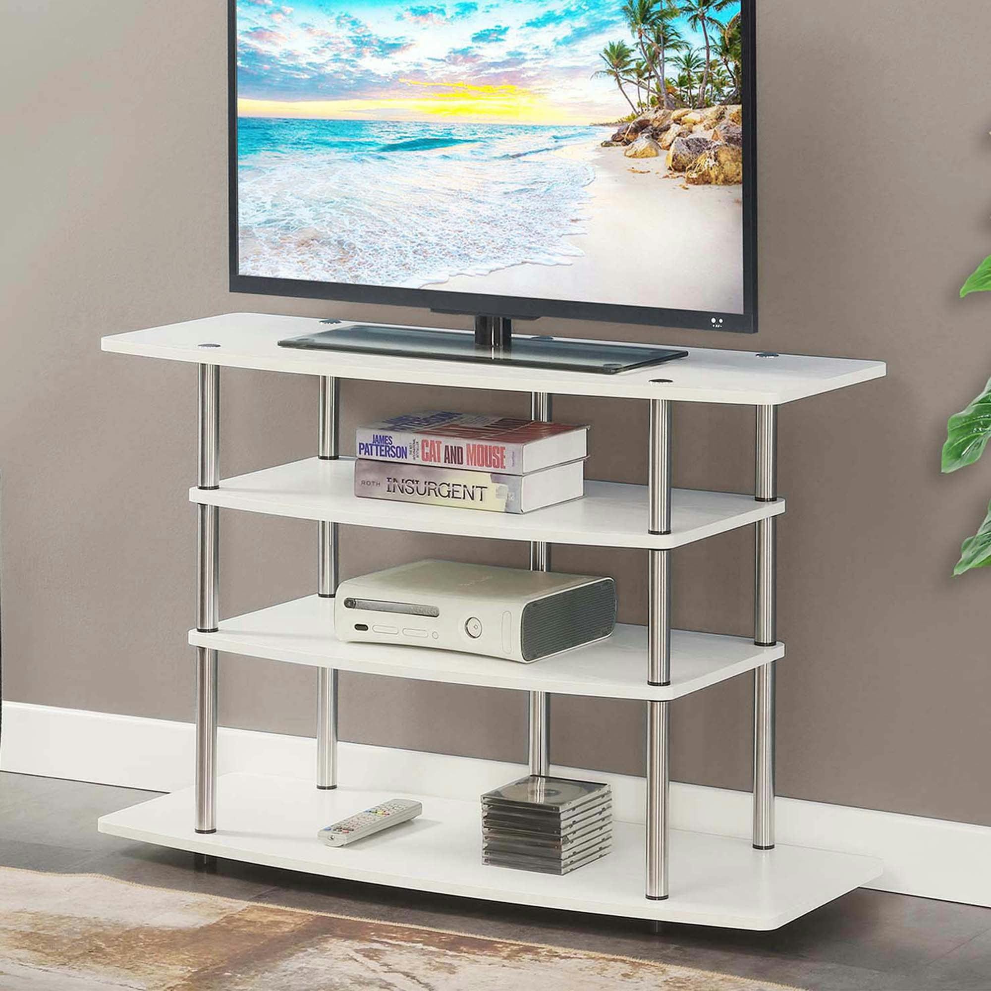 Modern White Highboy 4-Tier TV Stand with Stainless Steel Poles