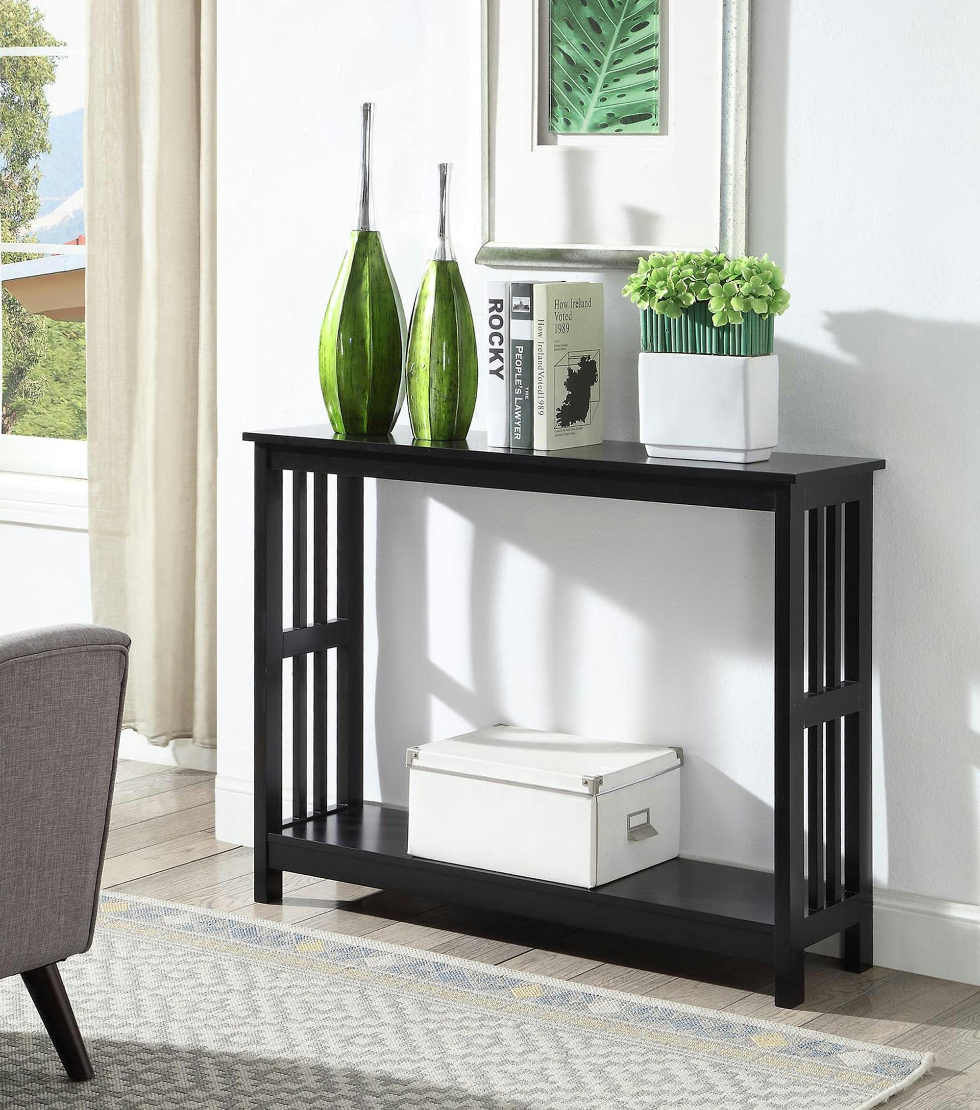 Urban Industrial Mission Console Table with Storage, Black Wood and Metal