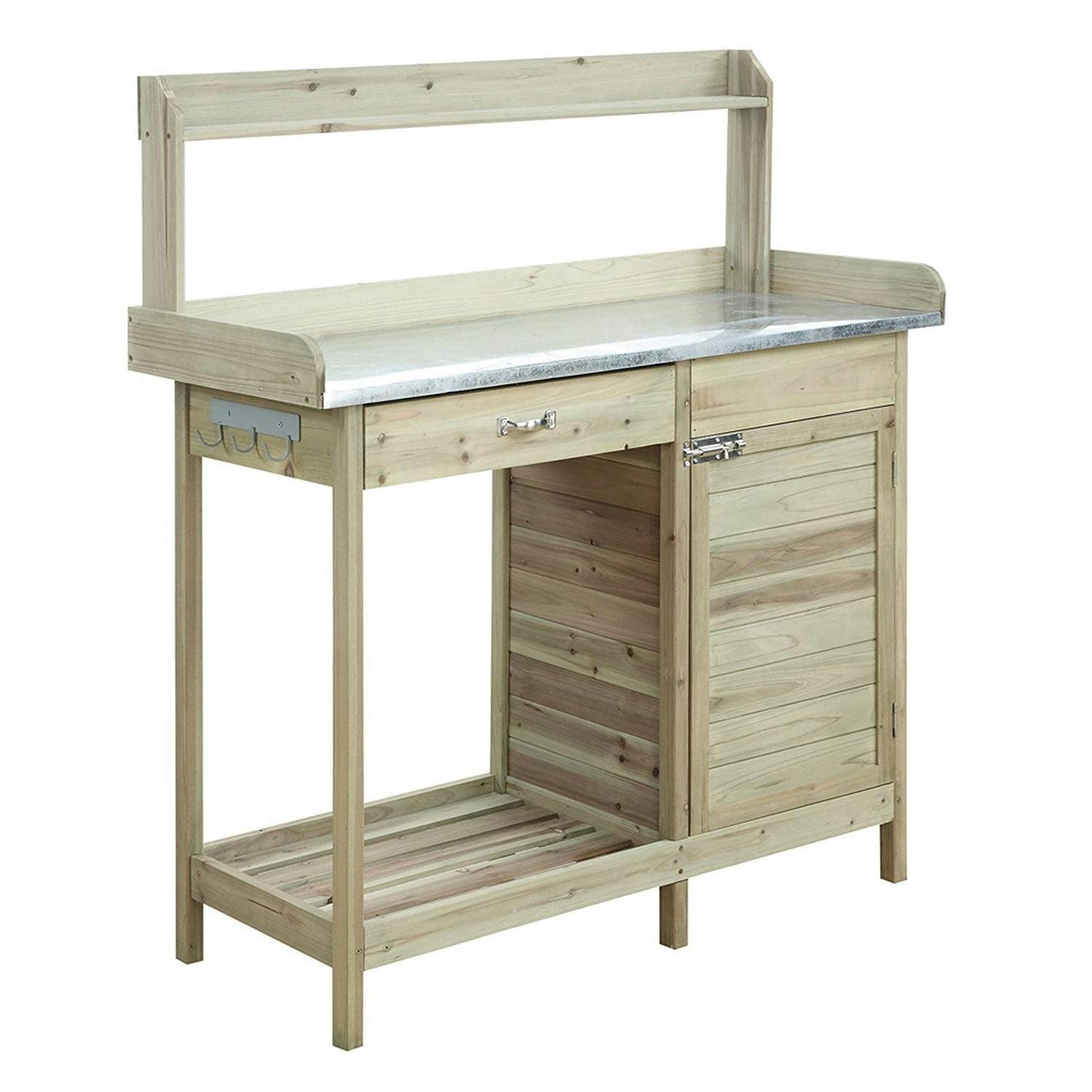 Deluxe Natural Fir Potting Bench with Cabinet and Hooks
