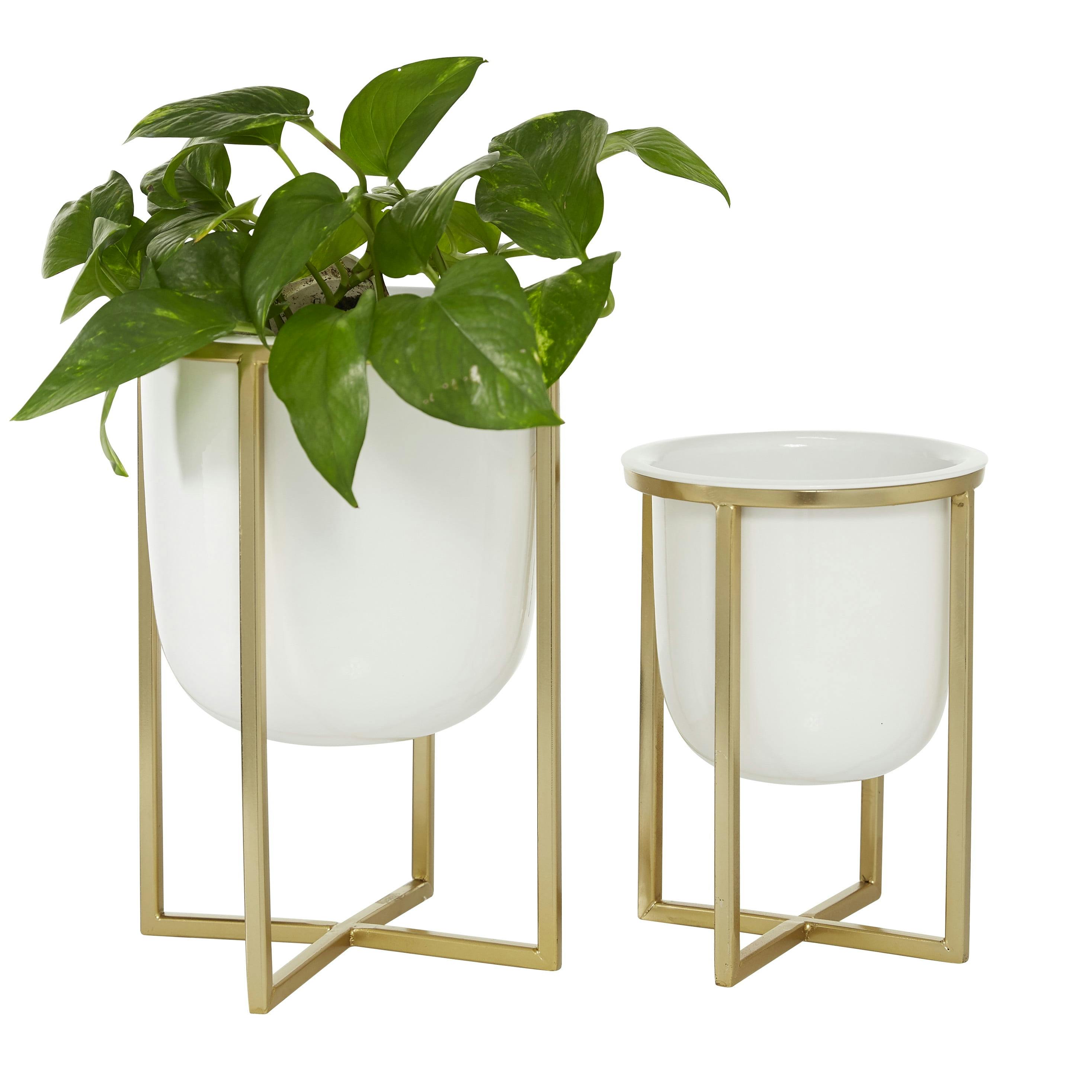 Contemporary White and Gold Metal Planter Set with Removable Stands
