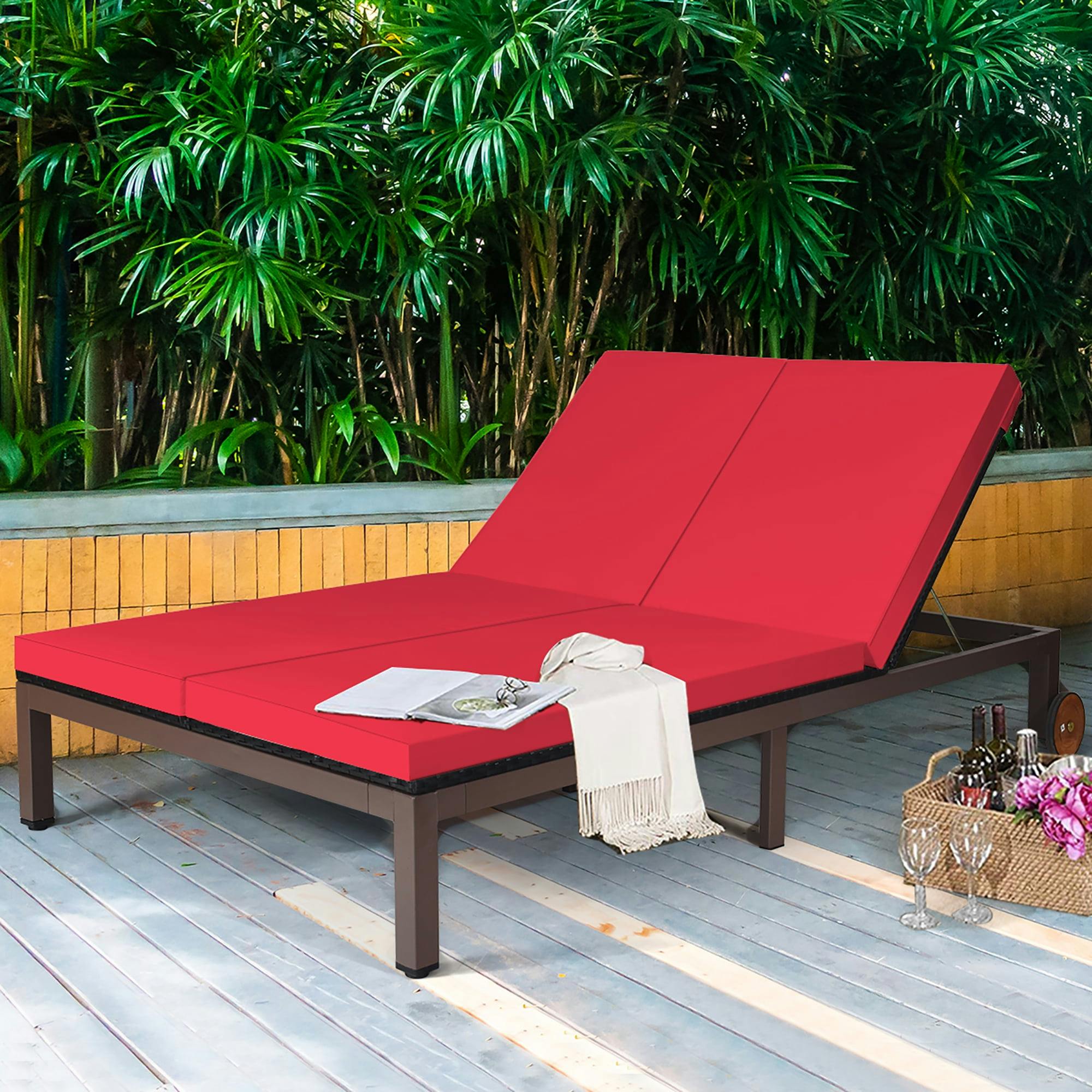 Adjustable Cushioned Double Chaise Lounger in Red and Brown