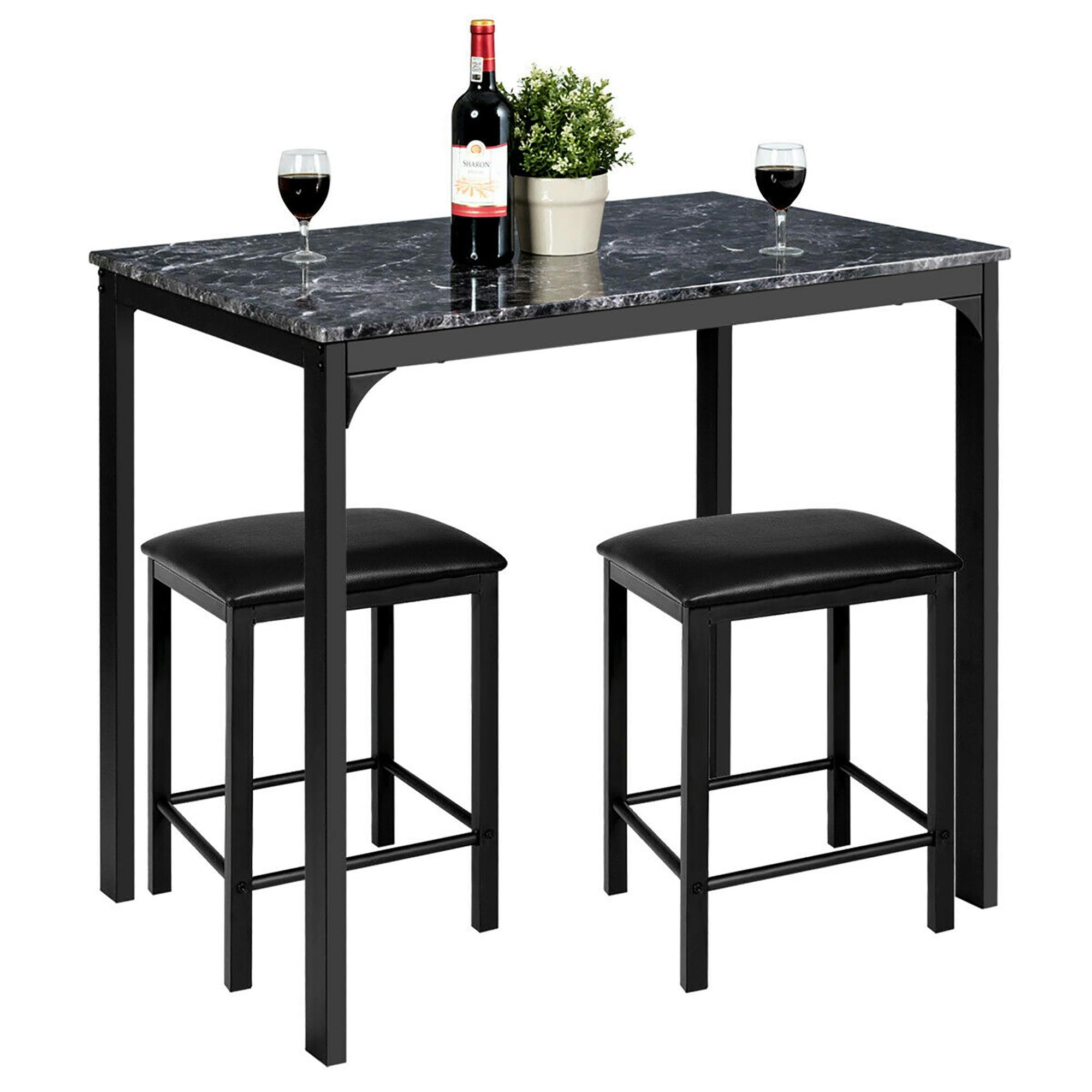 Modern 3-Piece Counter Height Black Dining Set with Faux Marble Table