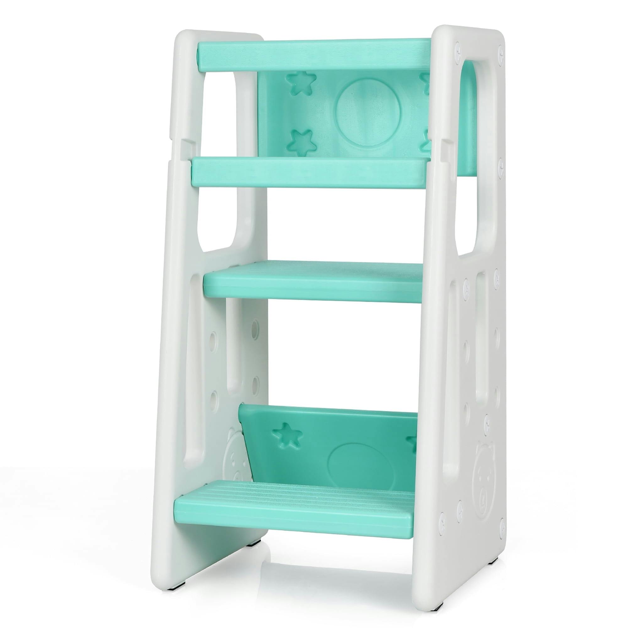 Green and White Toddler Kitchen Helper Step Stool with Safety Features
