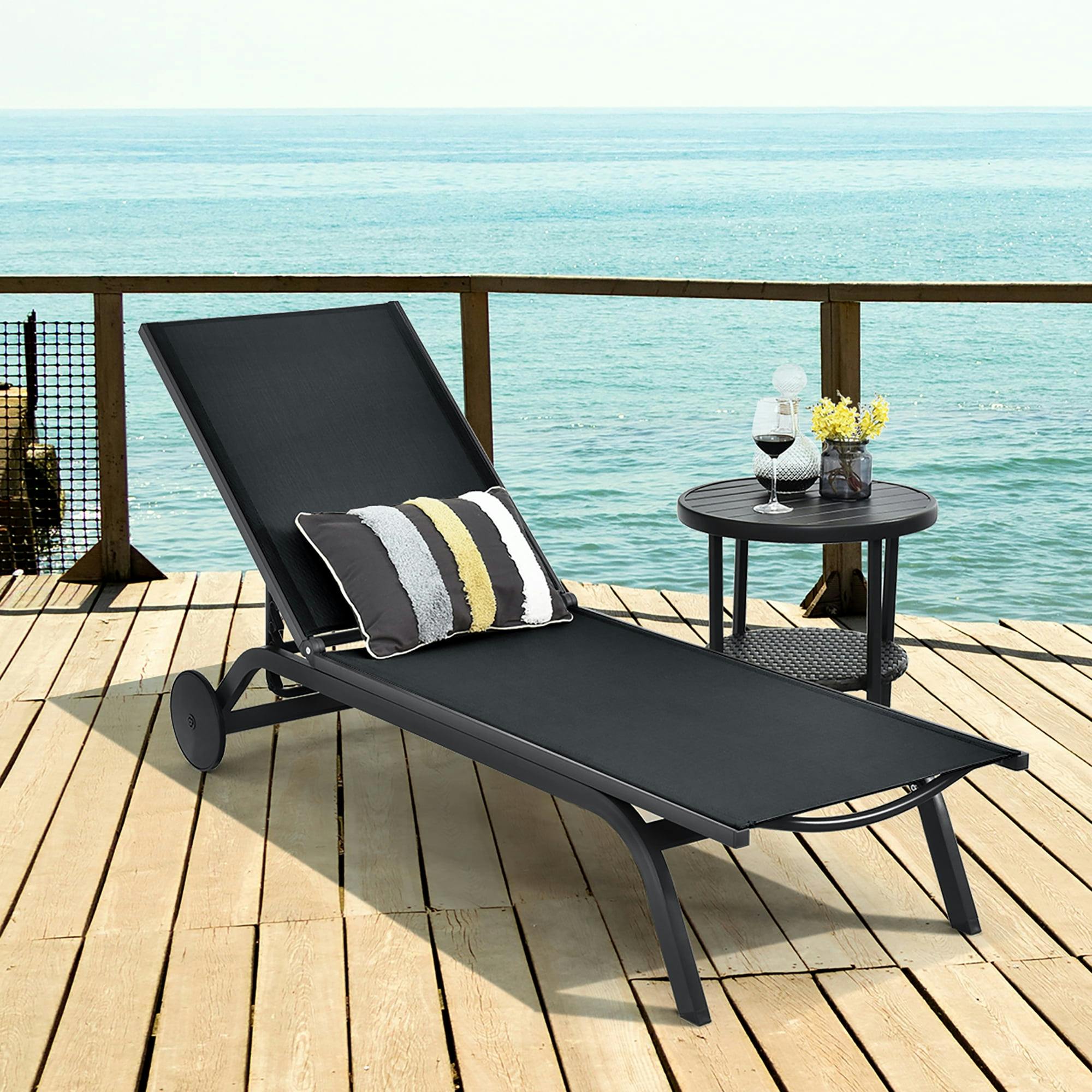 Sleek Black Aluminum Outdoor Chaise Lounge with Adjustable Backrest