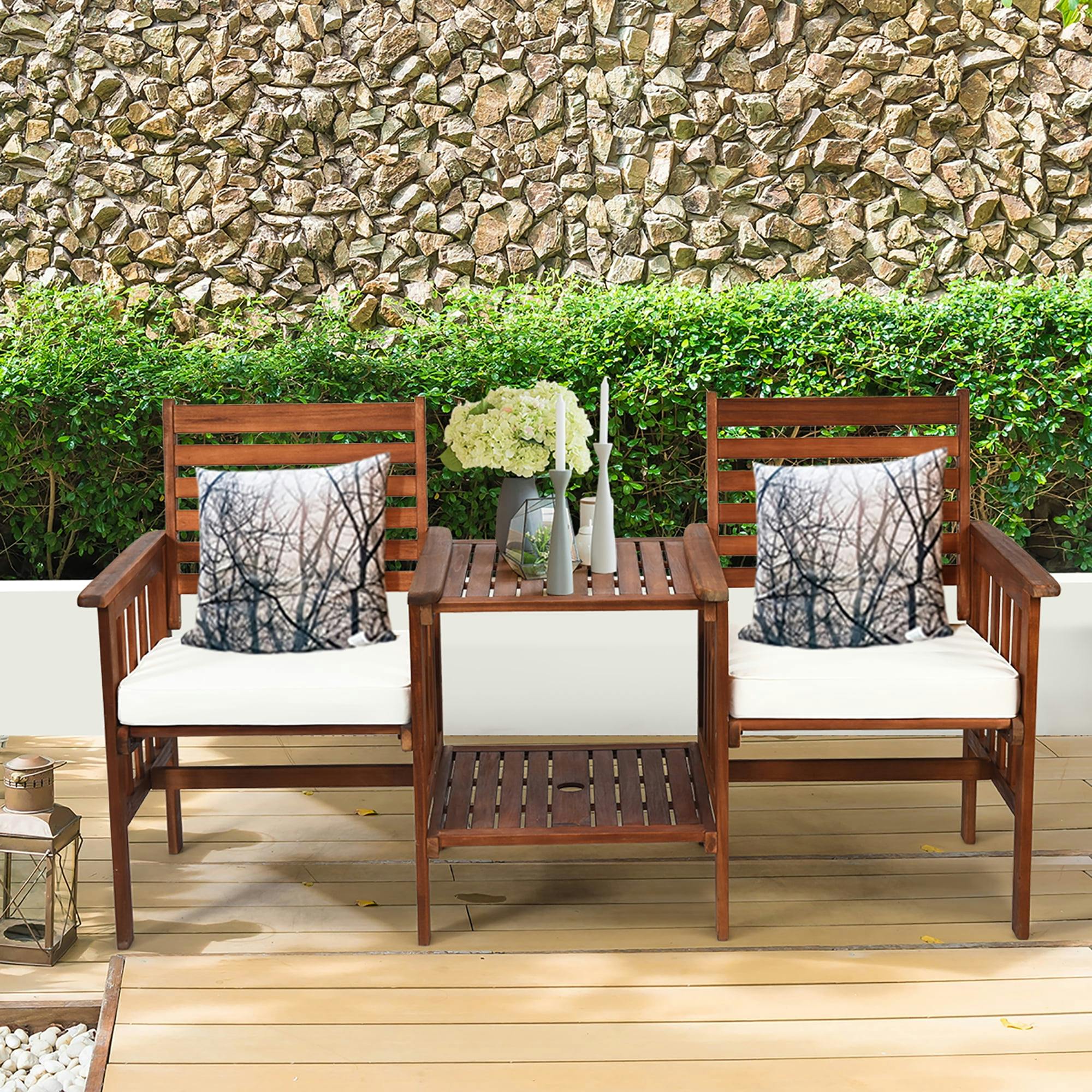 Acacia Wood 2-Person Patio Loveseat Set with Off-White Cushions