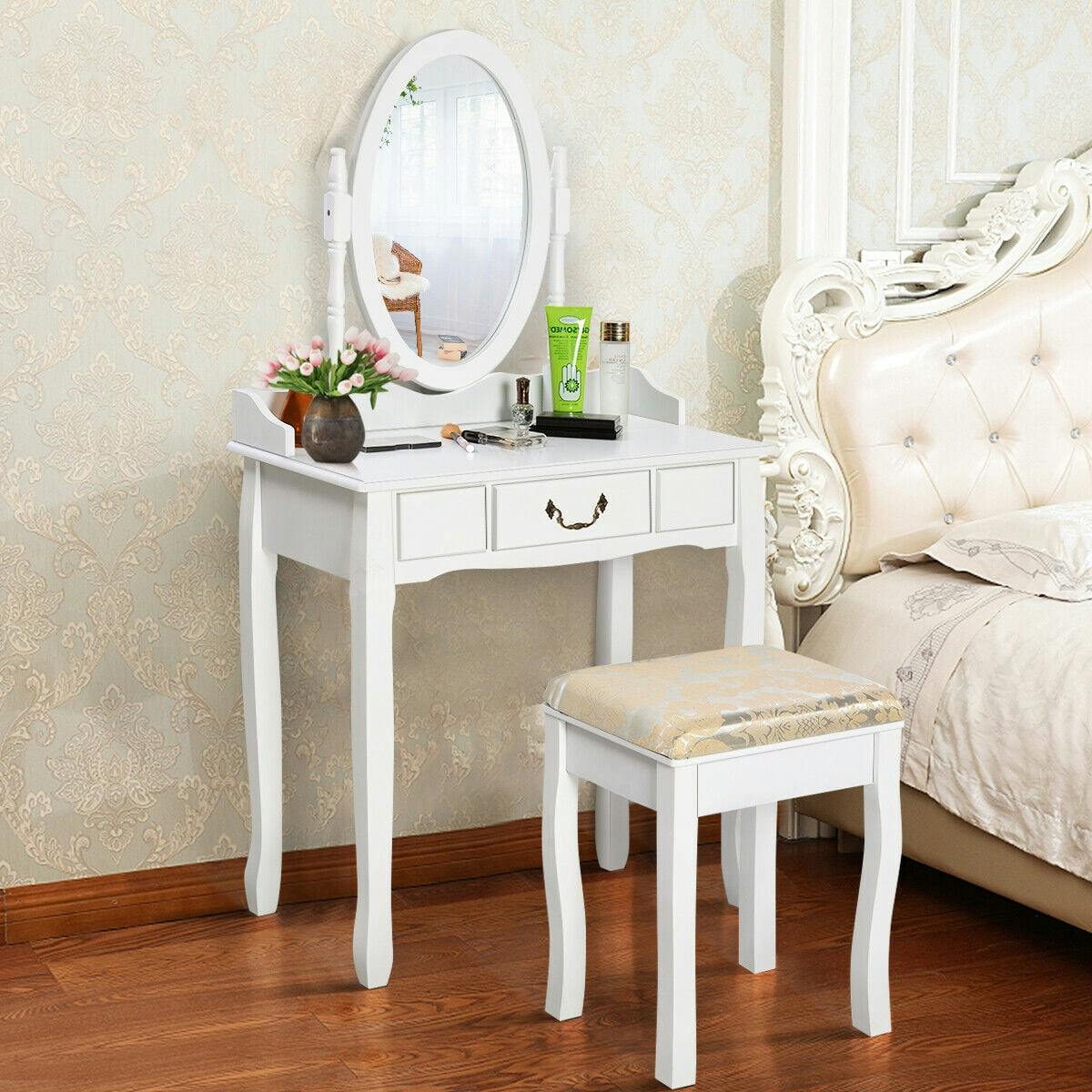 Elegant White Vanity Table with Bench and Rotatable Mirror