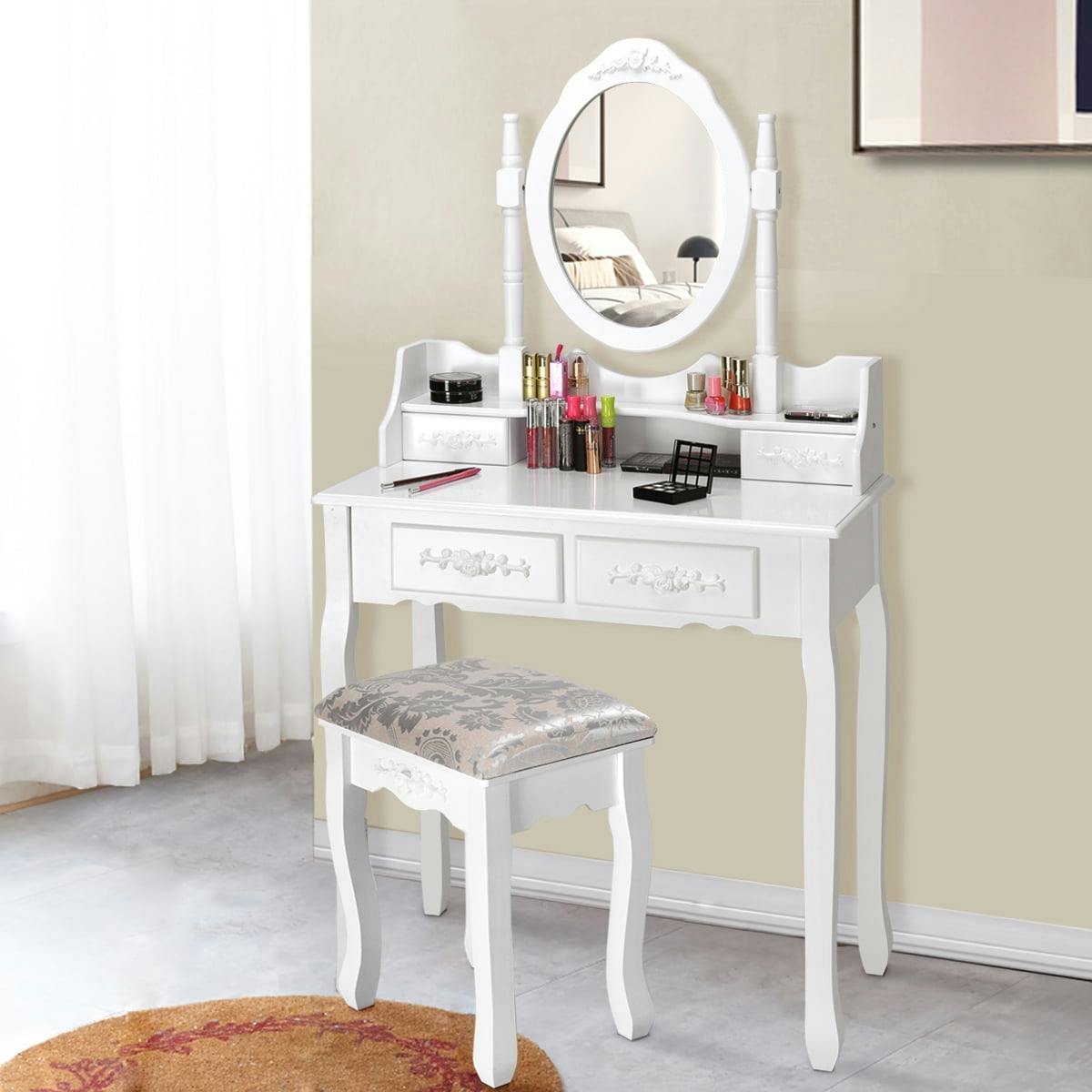 Elegant White Wood Vanity Dressing Table with Round Mirror and Stool