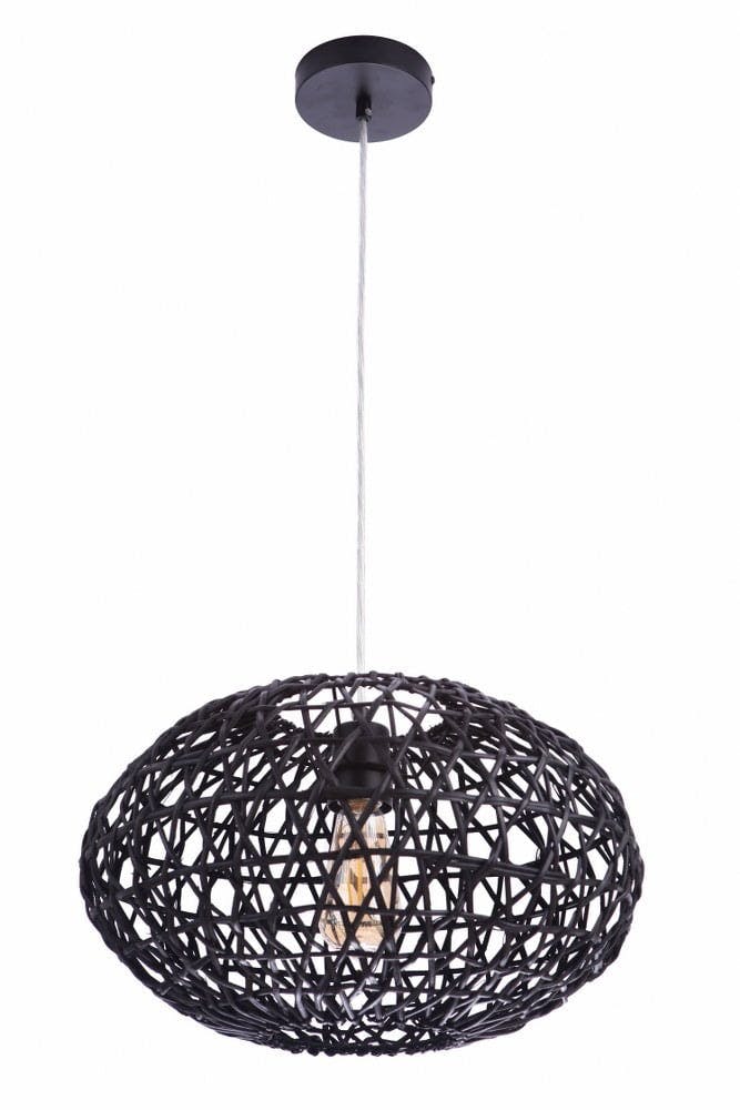 Black Woven Orb Rattan and Iron Pendant Light for Indoor/Outdoor