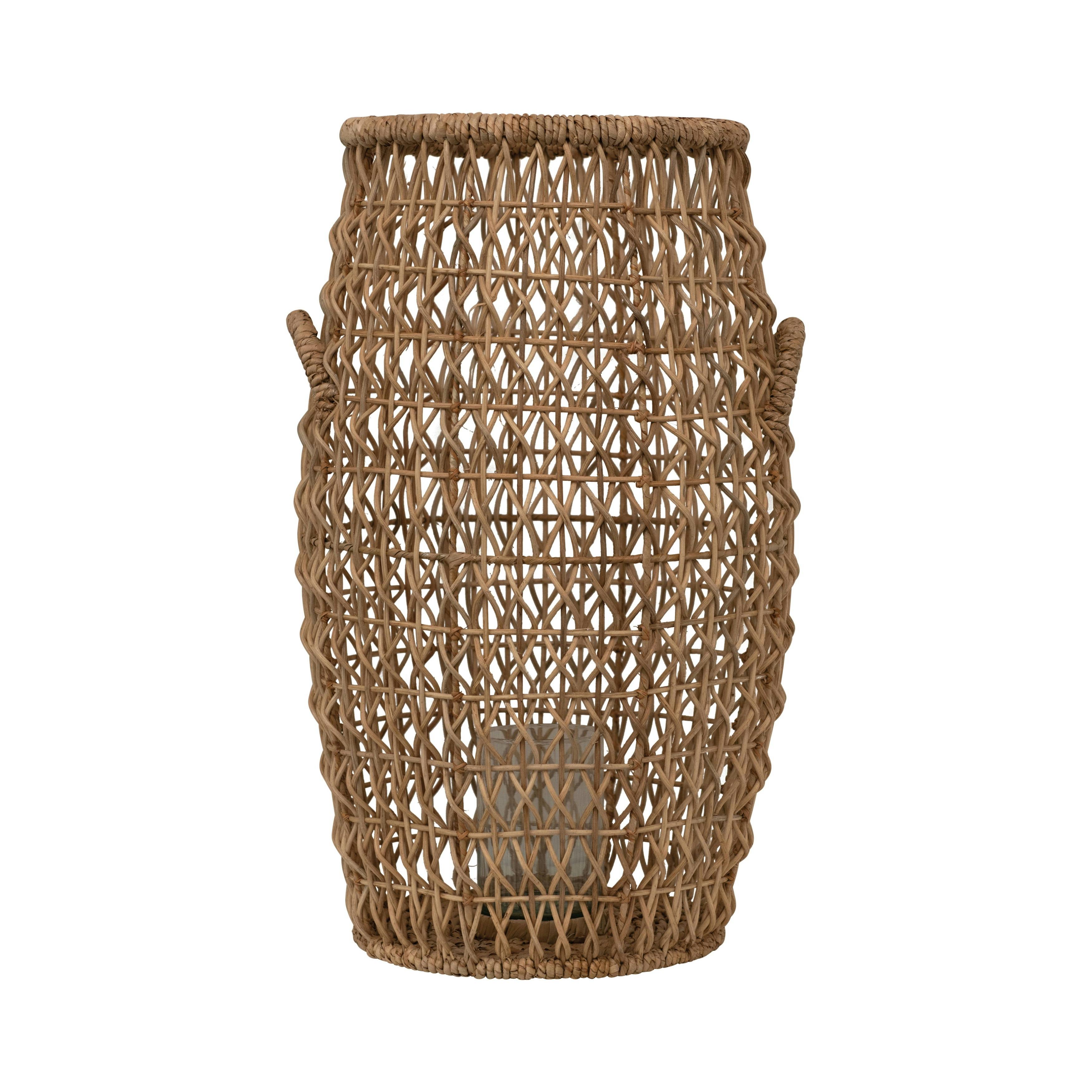 Elysian 26'' Hand-Woven Rattan & Water Hyacinth Candle Lantern with Glass Insert