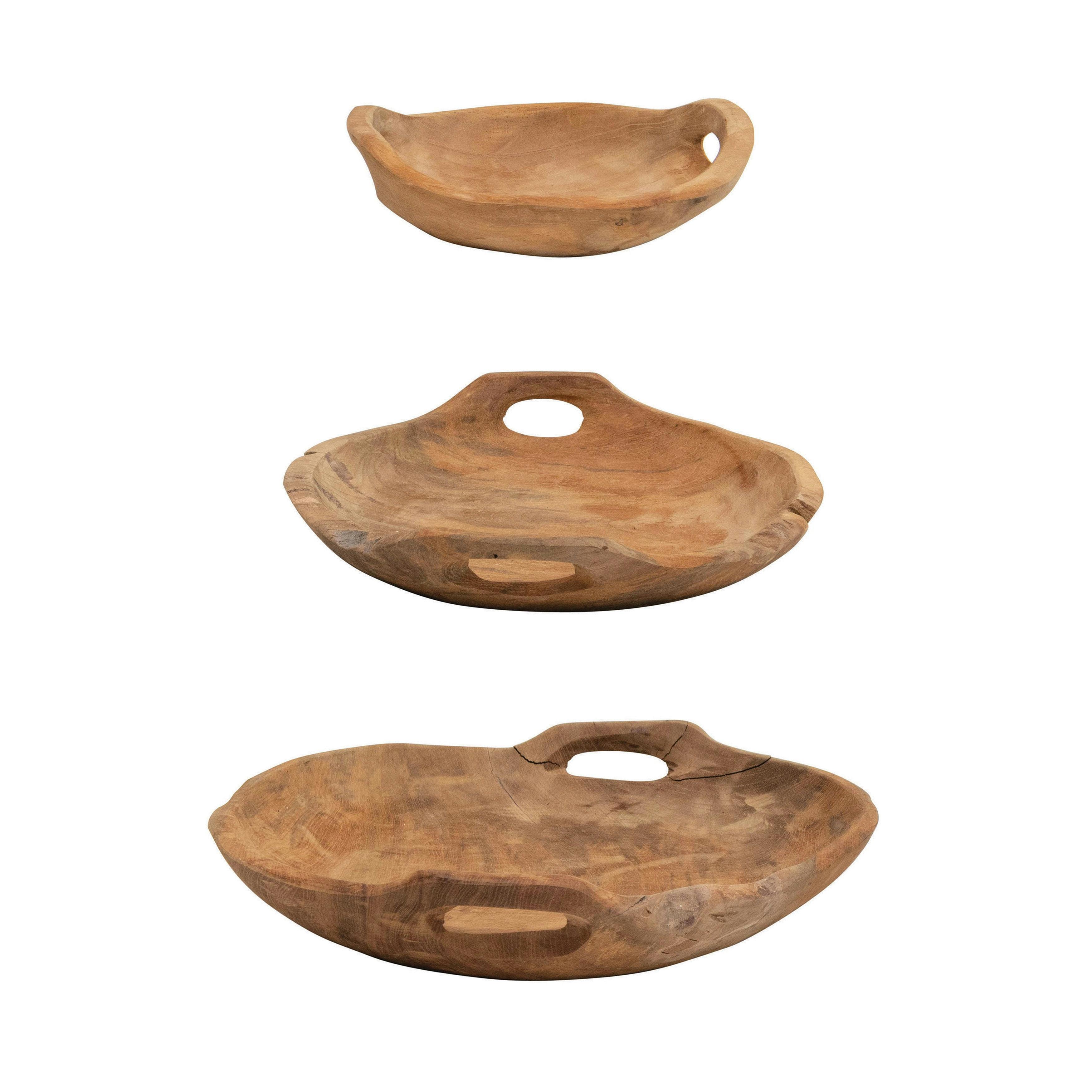 Hand-Carved Teak Wood Serving Bowls with Handles, Set of 3