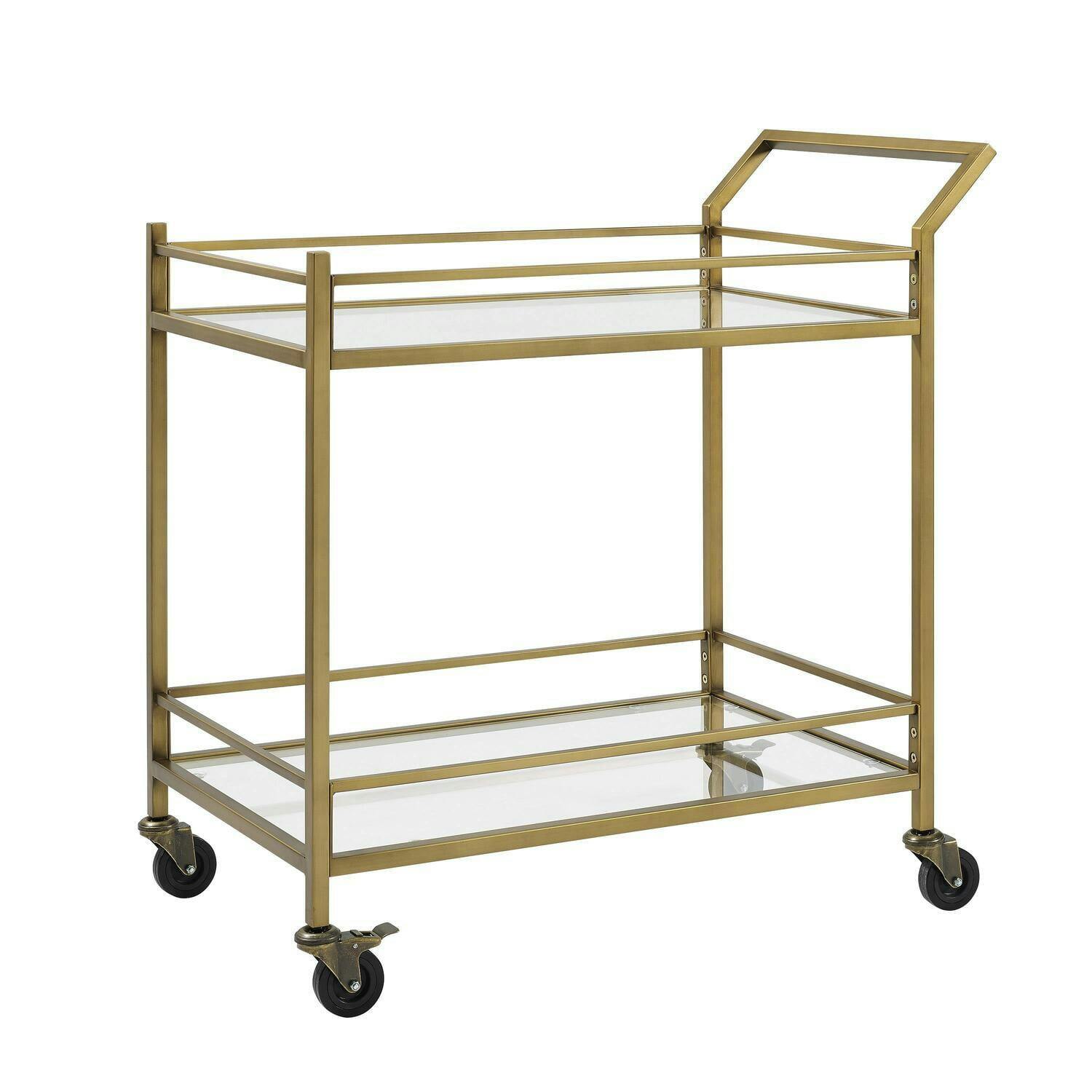 Aimee Soft Gold Rectangular Bar Cart with Tempered Glass Shelves