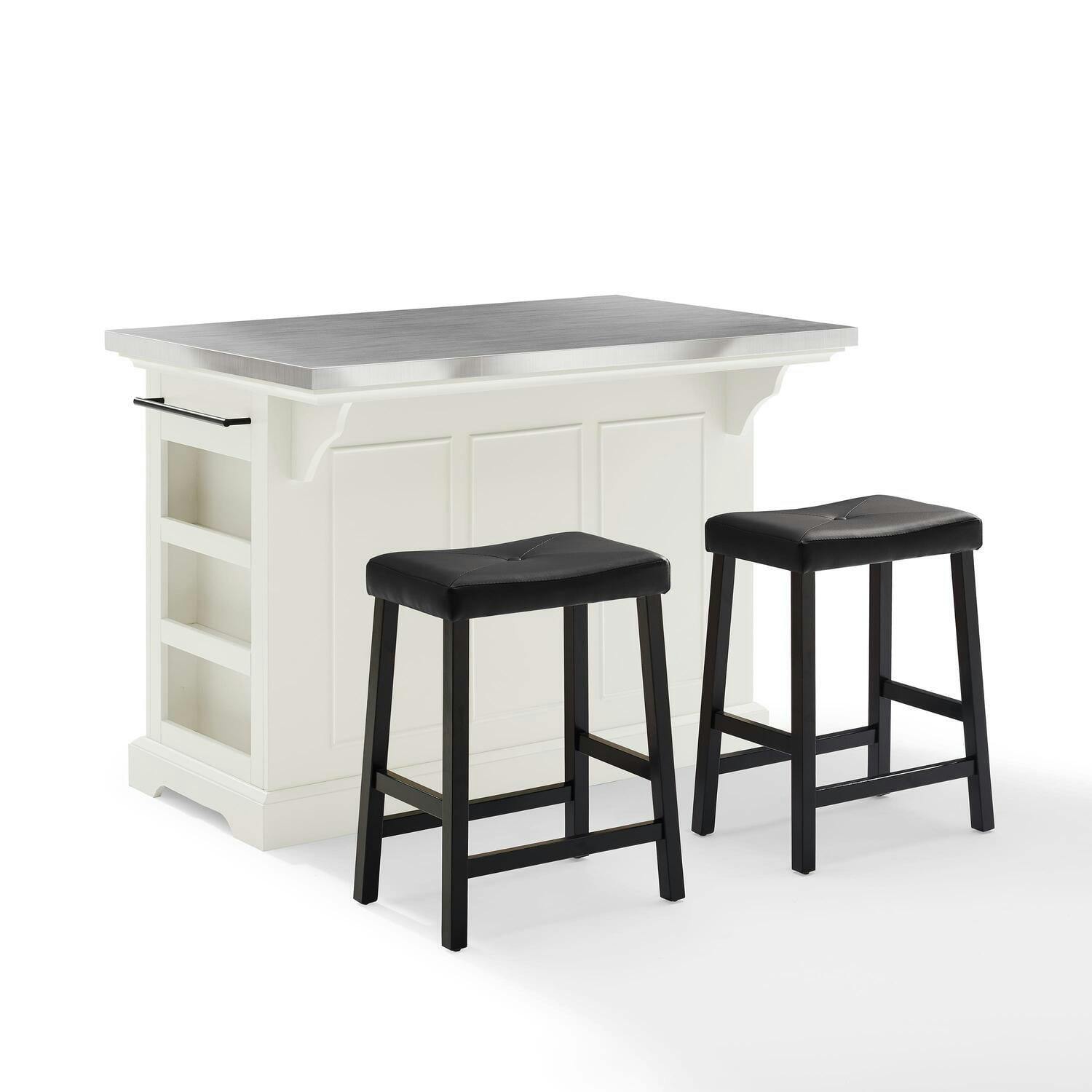 Julia White Stainless Steel Top Kitchen Island with Saddle Stools