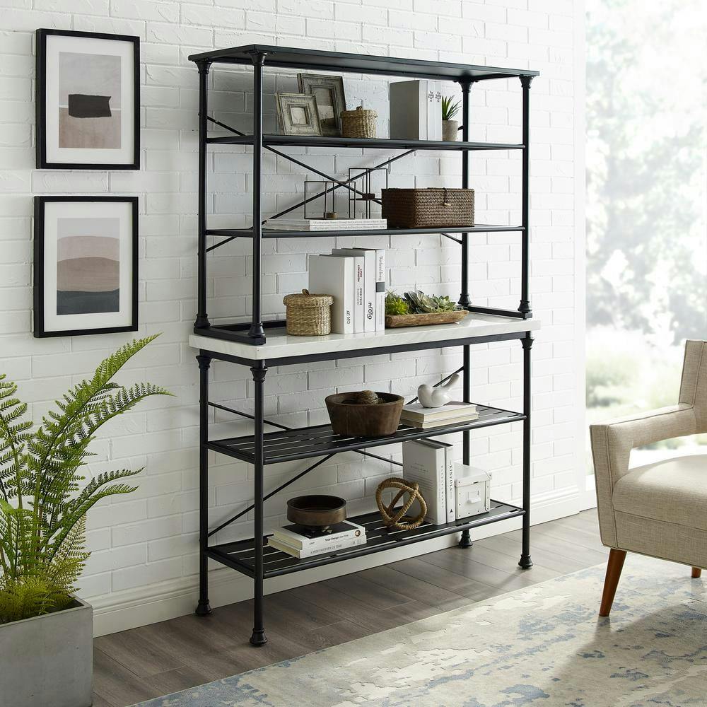 Elegant French Industrial Inspired Matte Black Baker's Rack with Faux Marble Top