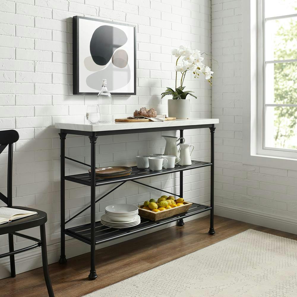 French Industrial Revival Matte Black Console with Faux Marble Top