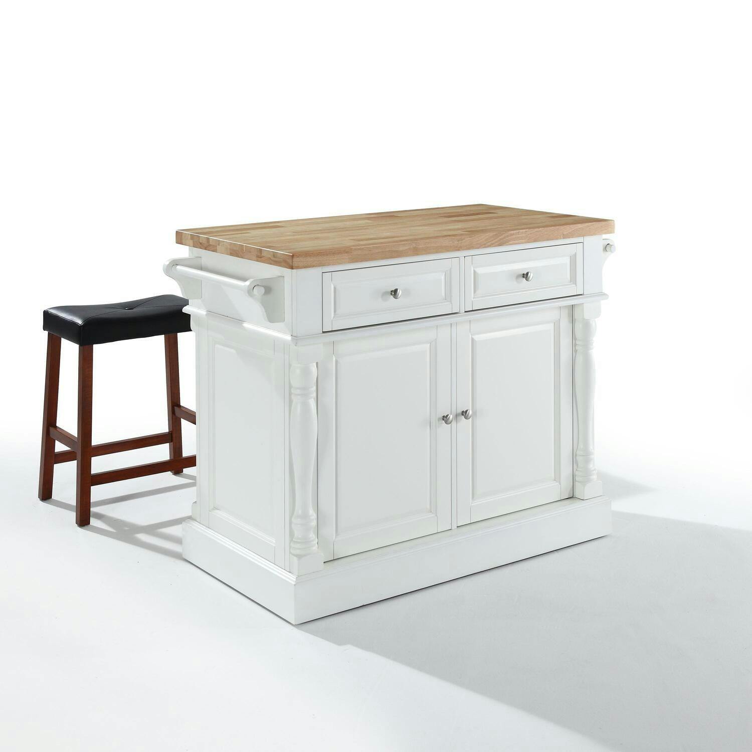 Oxford Solid Wood White Kitchen Island with Butcher Block and Saddle Stools