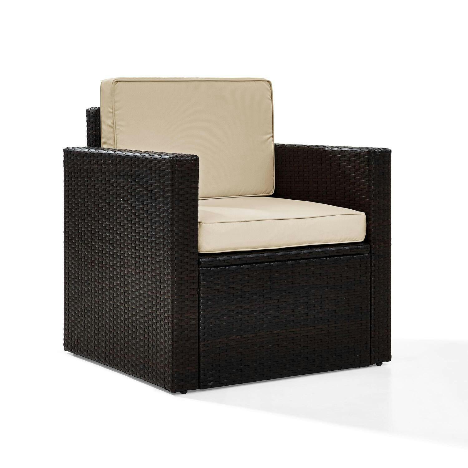 Palm Harbor Sand and Brown Outdoor Wicker Armchair with Cushions