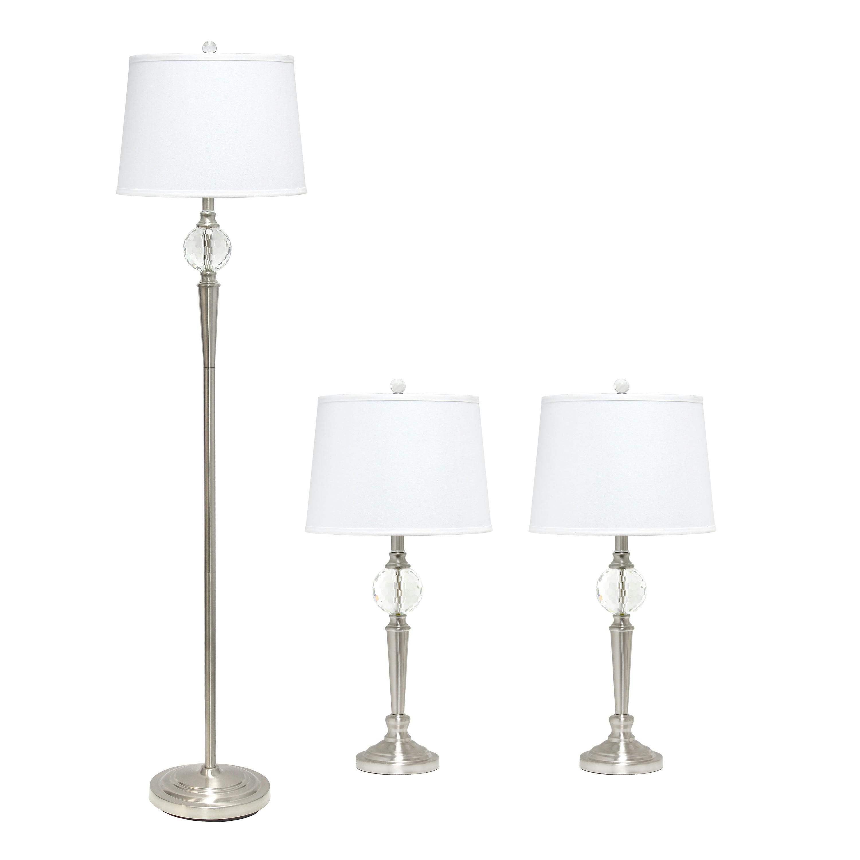 Elegant Silver Crystal Drop Floor & Table Lamp Trio Set with White Shades