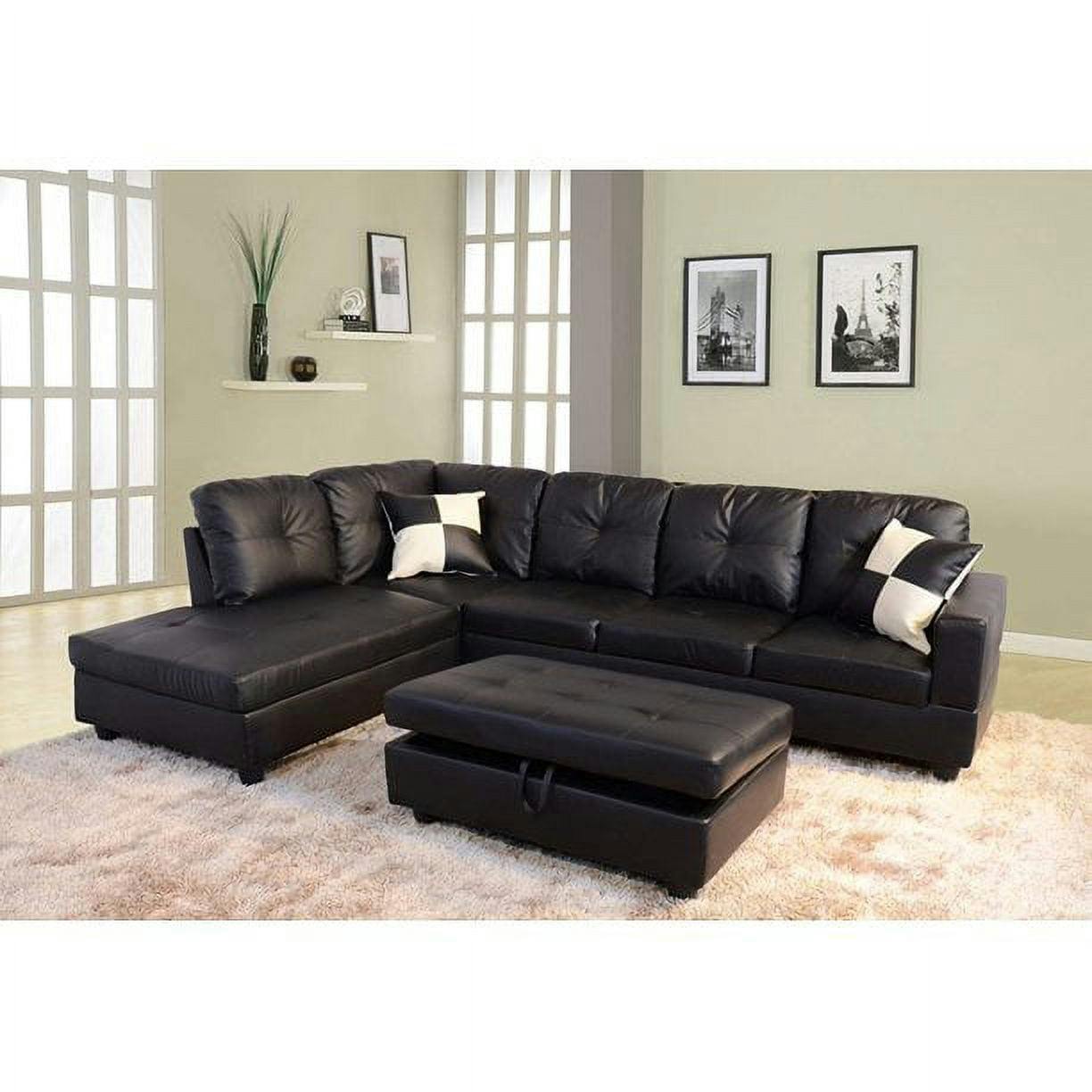 Contemporary Black Faux Leather L-Shape Sectional with Ottoman and Storage