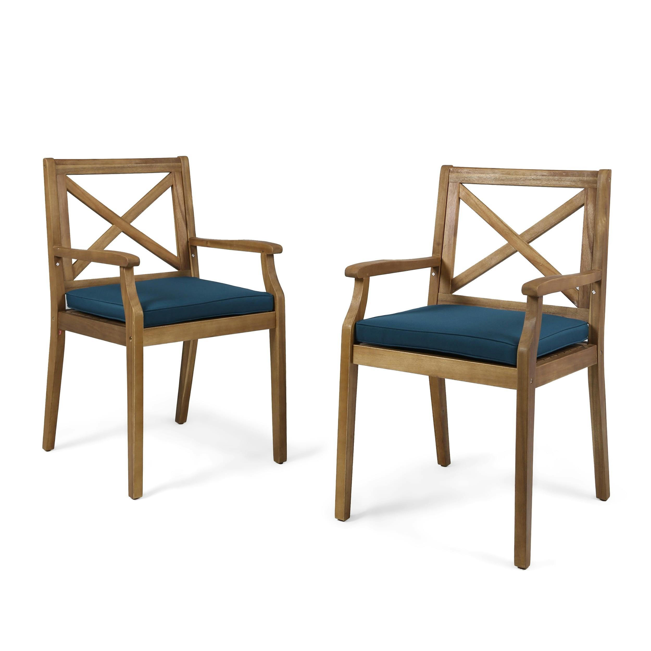 Scandinavian Teak Brown Wood Dining Chair with Blue Cushions, Set of 2