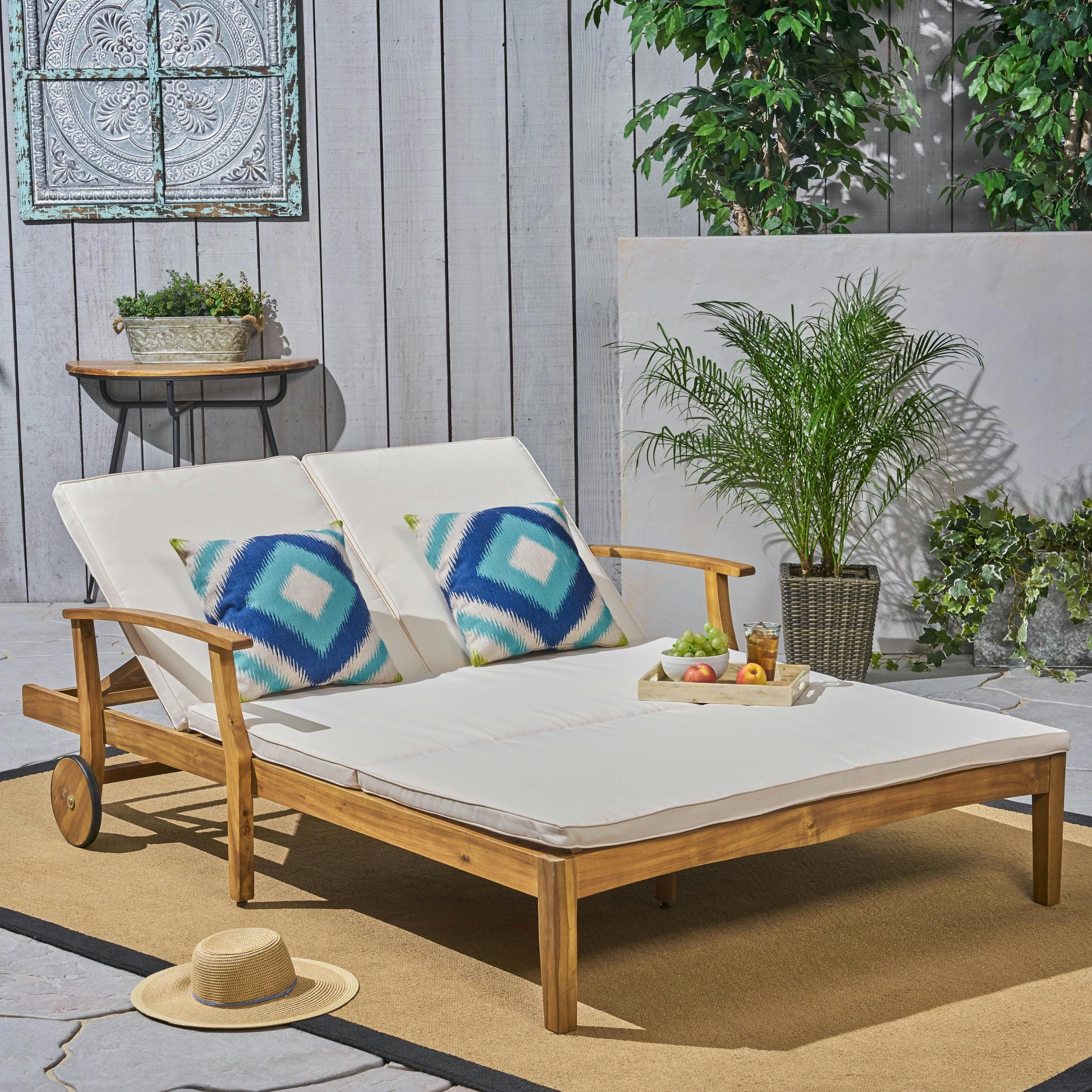 Scandinavian Teak Wood Double Chaise Lounge with Cream Cushions