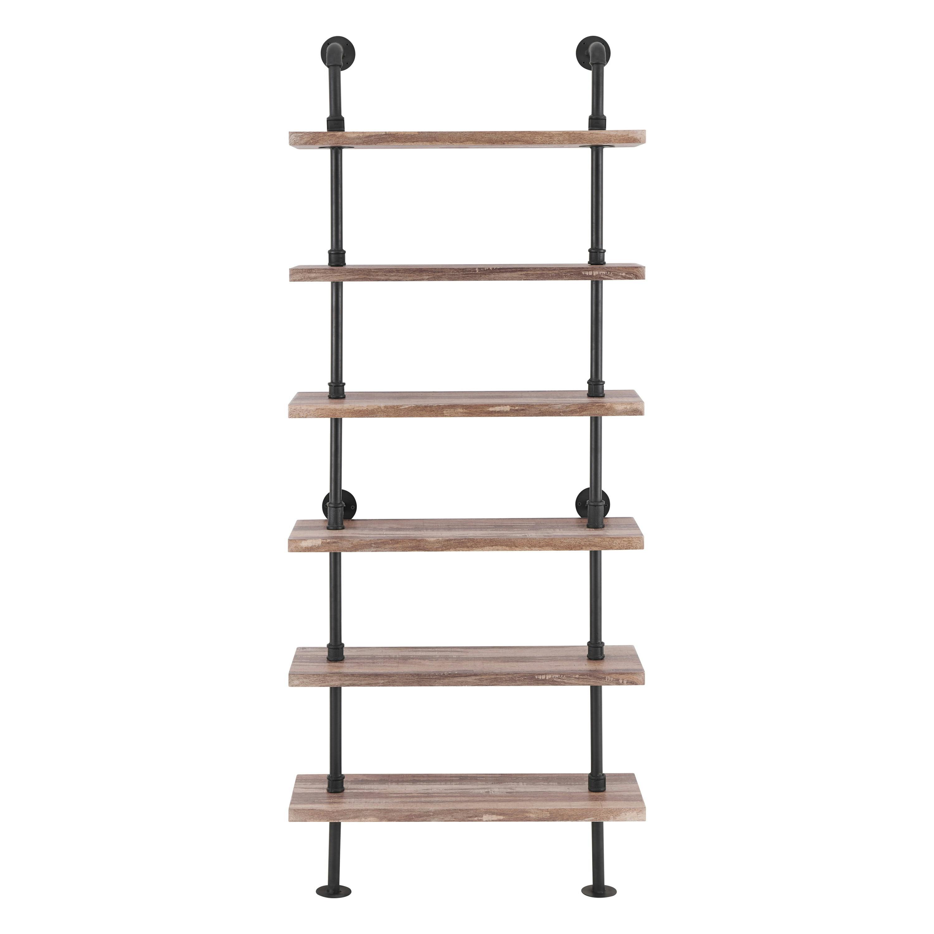 Industrial Black Iron Pipe 6-Tier Wall Mount Ladder Shelf in Distressed Wood