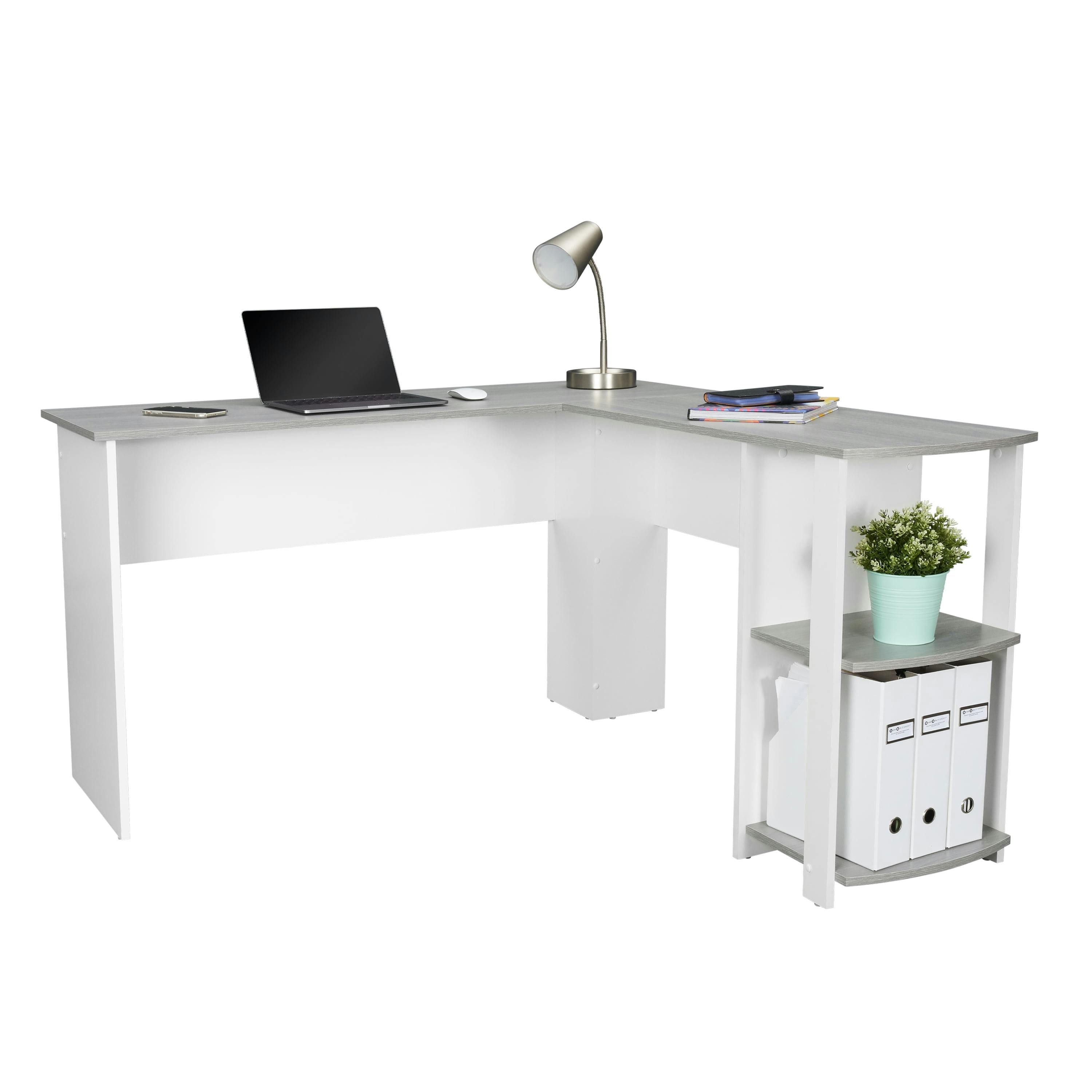 Modern Gray L-Shaped Home Office Desk with Side Storage Shelves