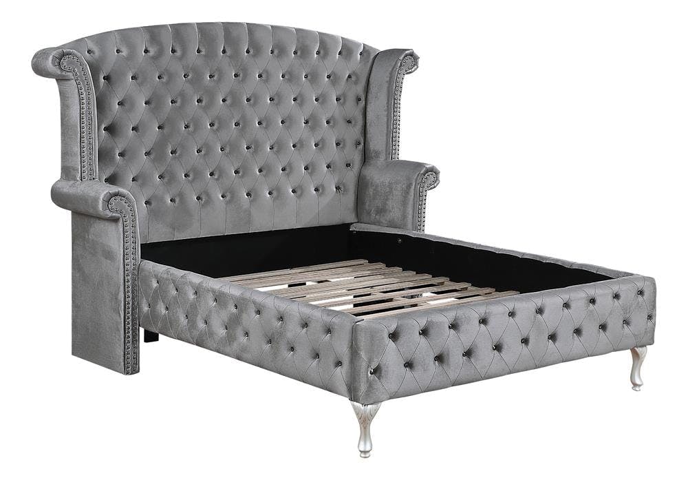 Transitional Queen Platform Bed with Gray Tufted Upholstery and Nailhead Trim
