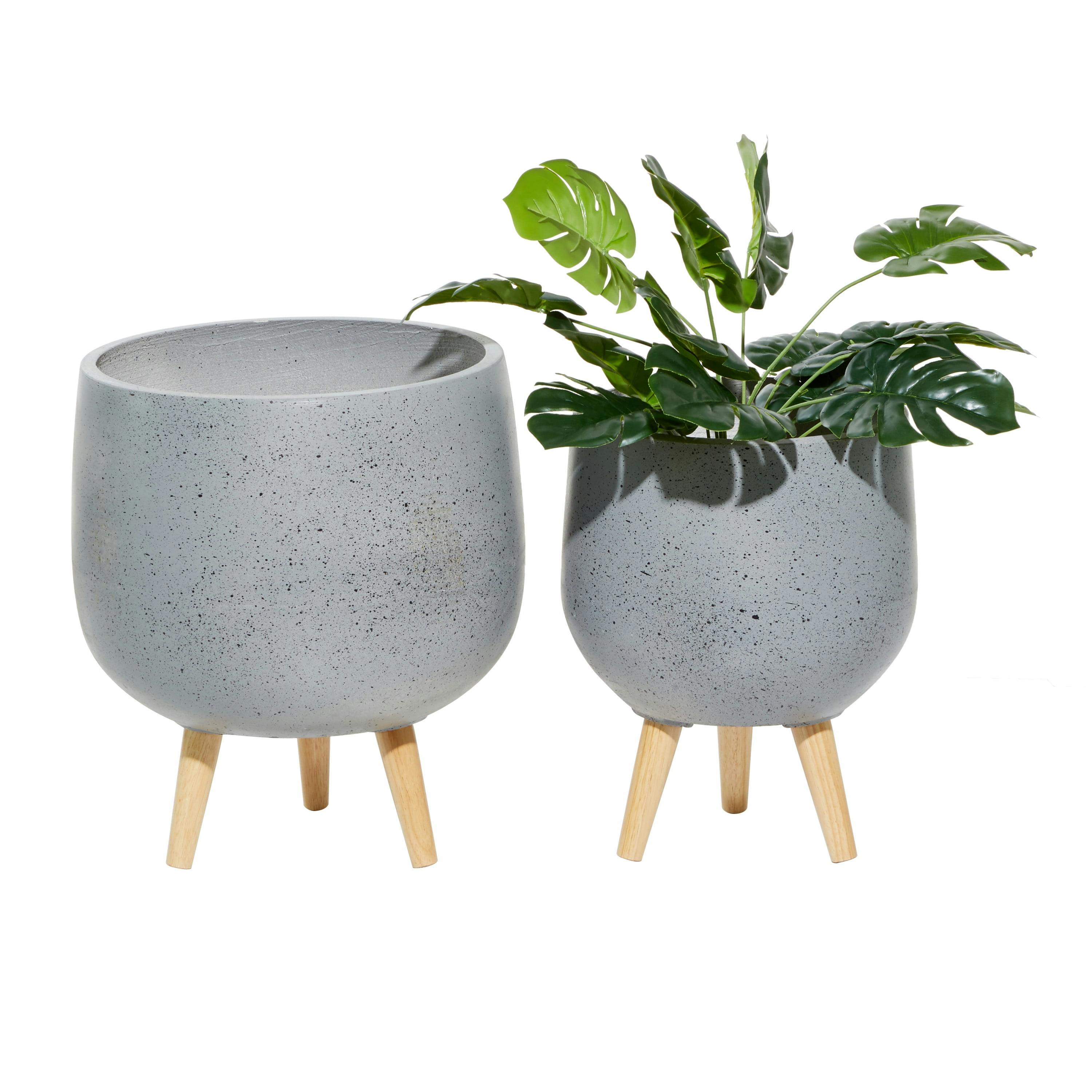 Chic Gray Marble Textured Fiber Clay Planter Set on Wooden Tripod Legs