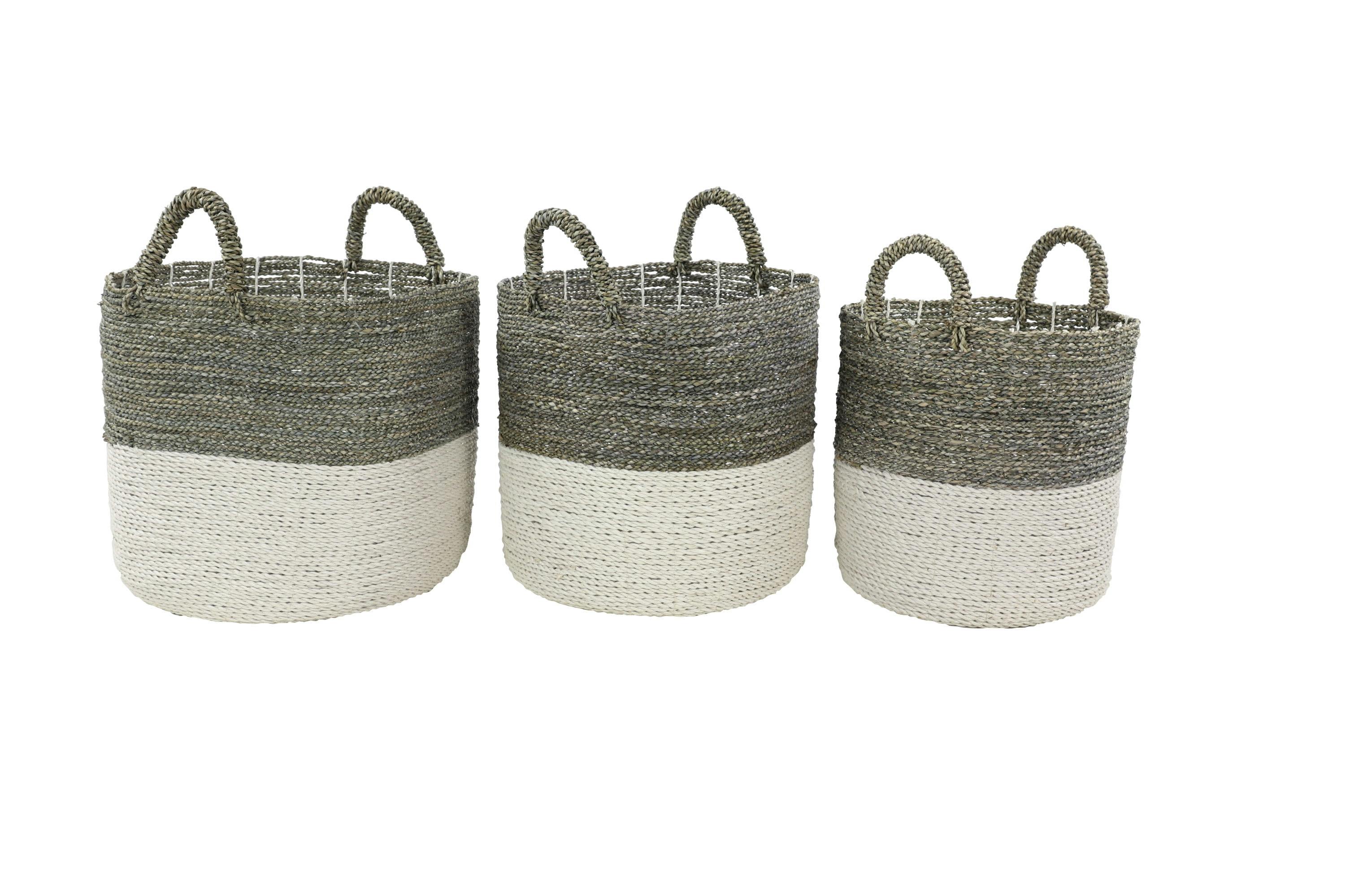 Coastal Charm White and Natural Seagrass Round Storage Baskets, Set of 3