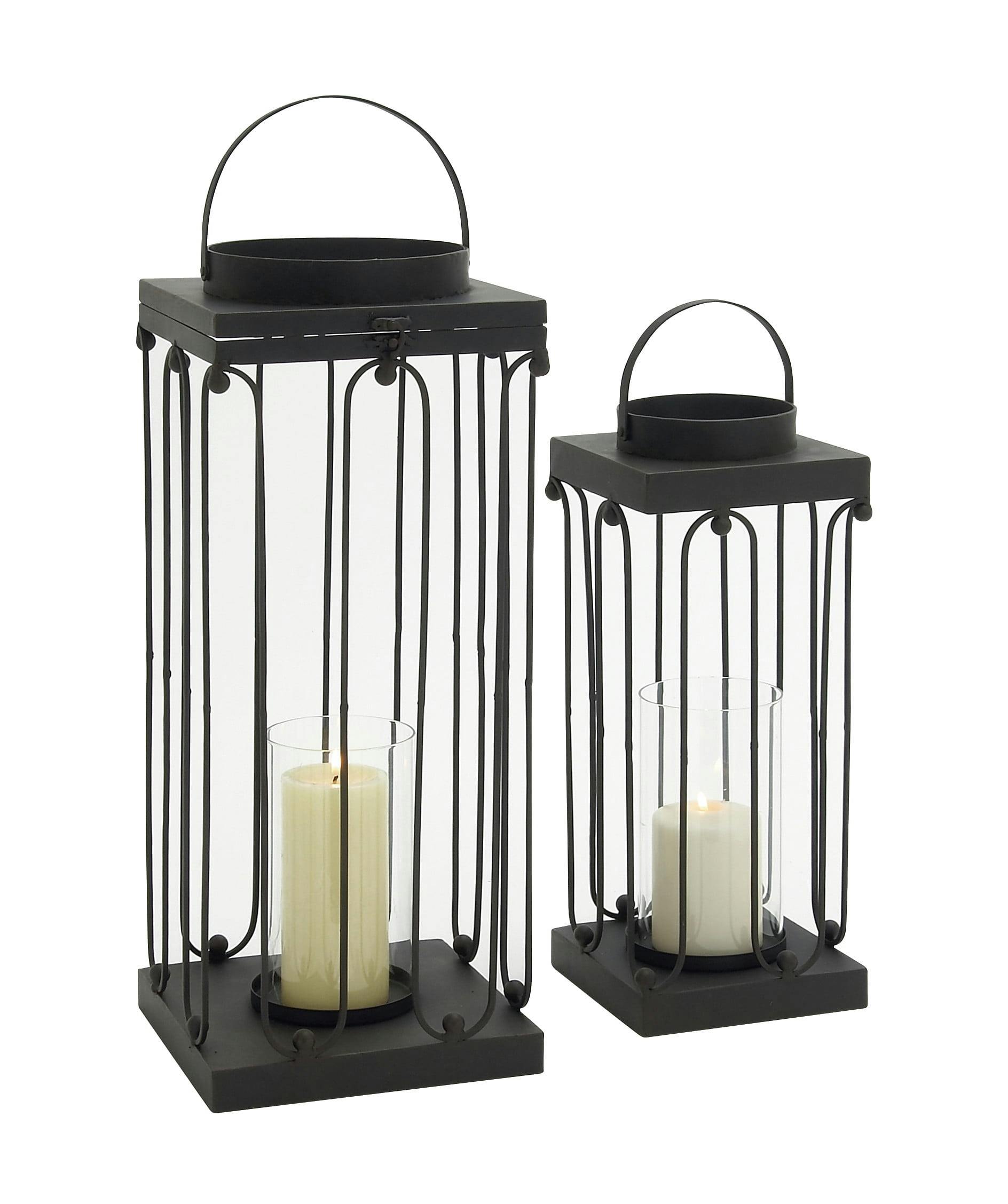 Elegant Matte Black Tin and Glass Hanging Candle Lanterns, Set of 2
