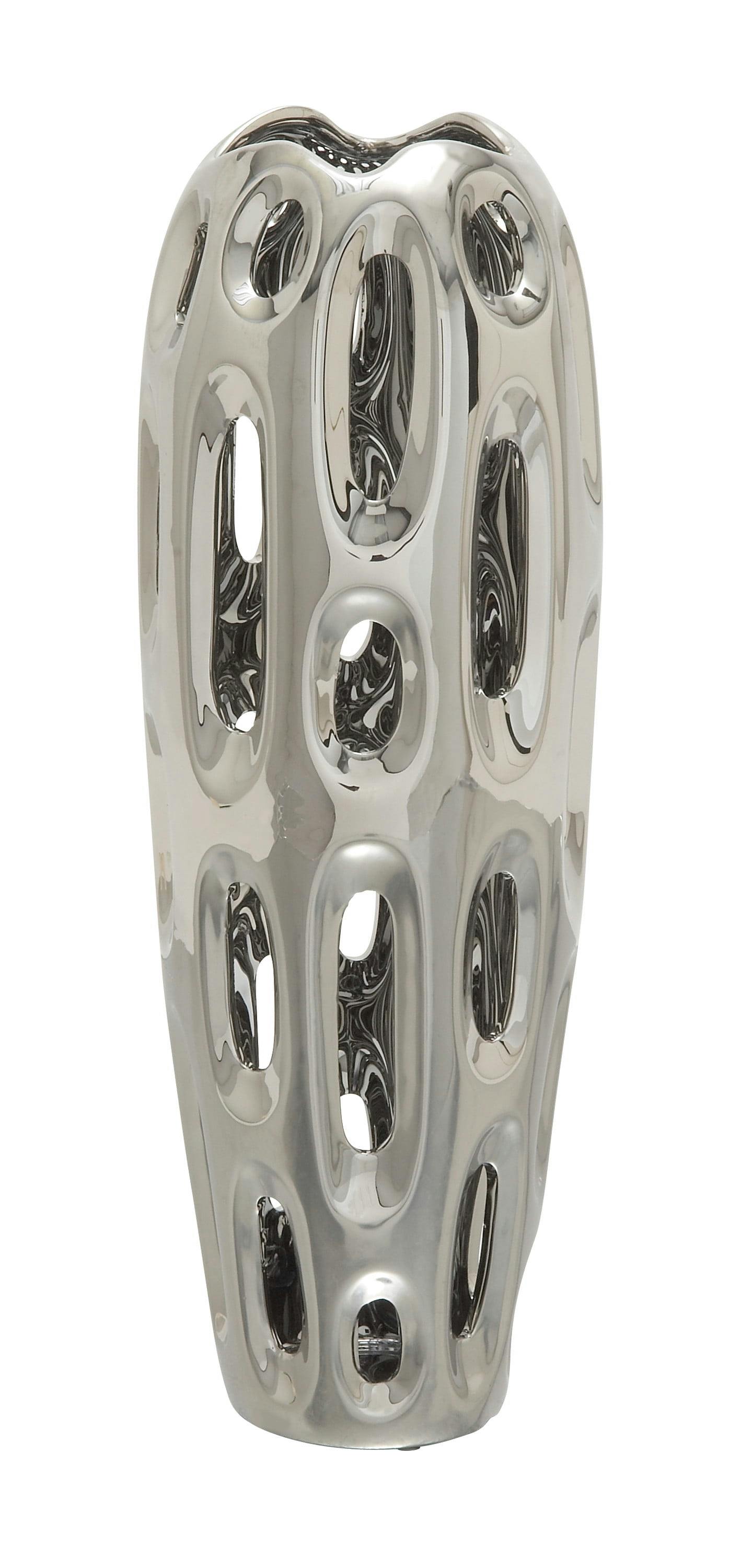 Elegant Silver Ceramic Cylinder Vase for Modern Decor, 21"