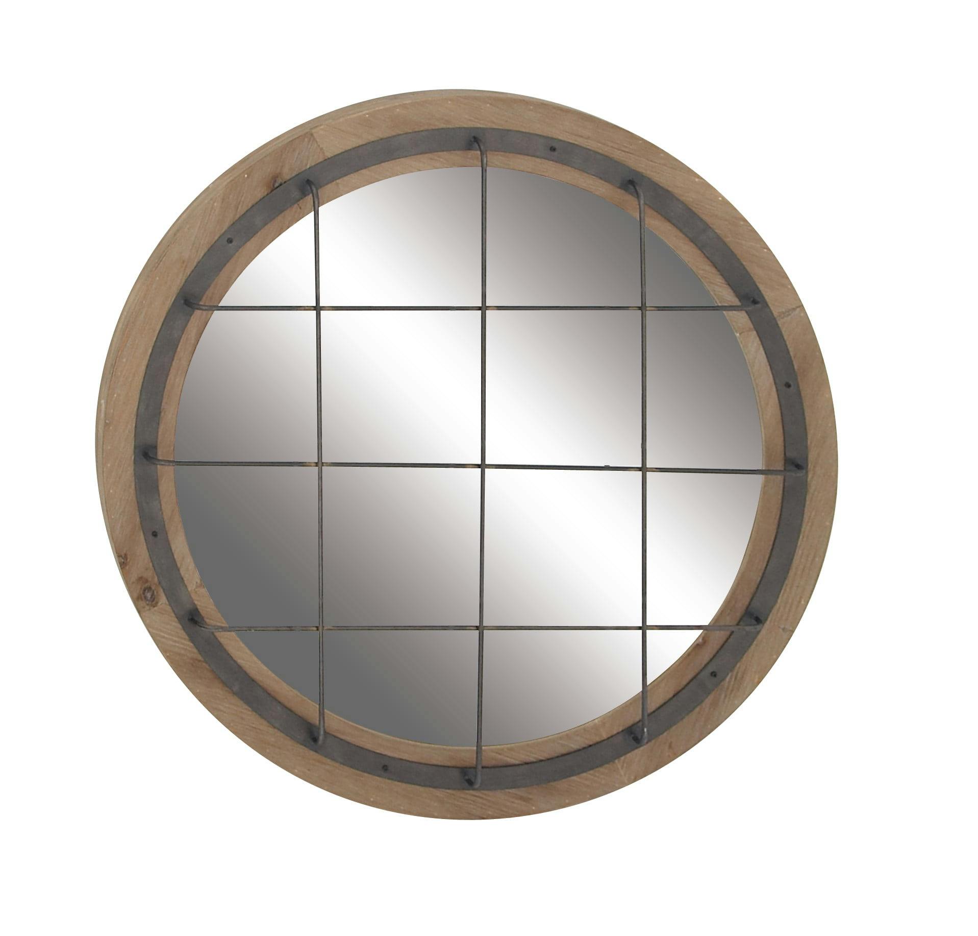 Rustic Brown Geometric Wood Round Wall Mirror, 31" Diameter