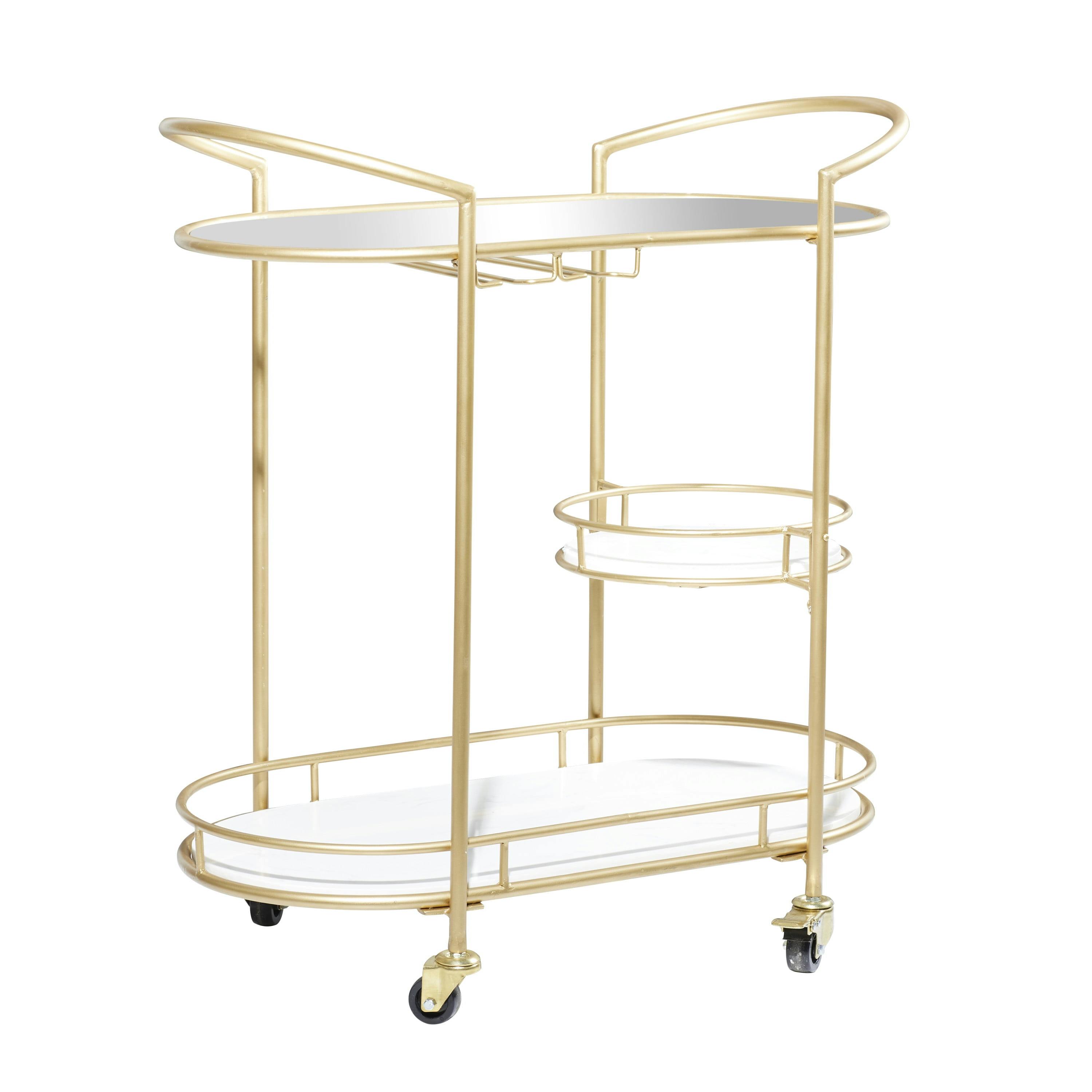 Elegant Gold Oval 3-Tier Marble and Glass Bar Cart with Wheels