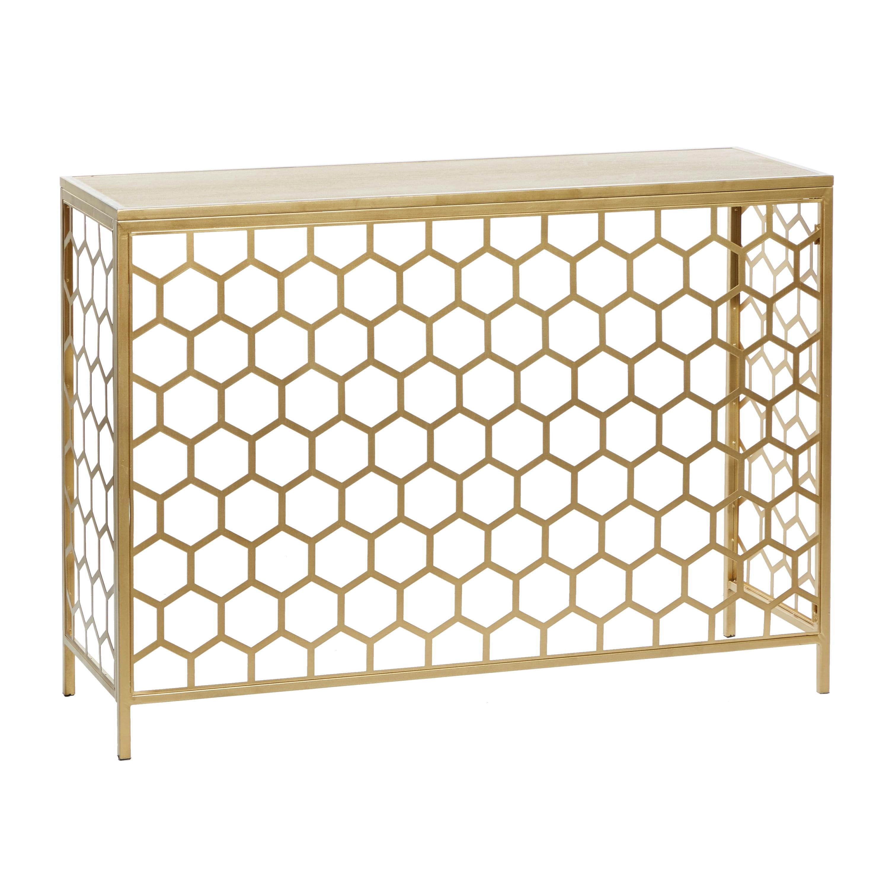 Elegant Gold Metal and Brown Wood Console Table with Honeycomb Pattern, 42"