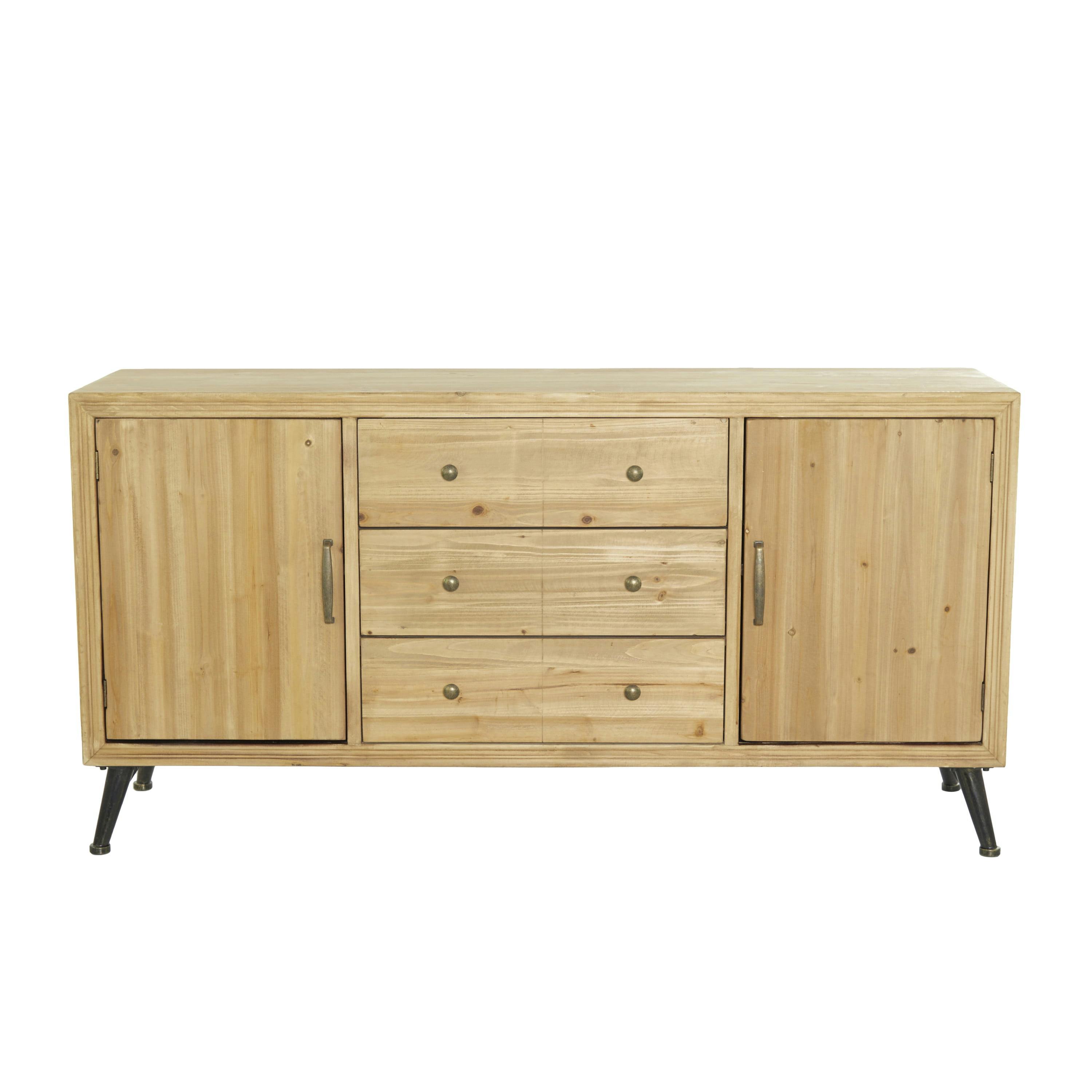 Contemporary Light Brown Wood Sideboard with Brass Pulls