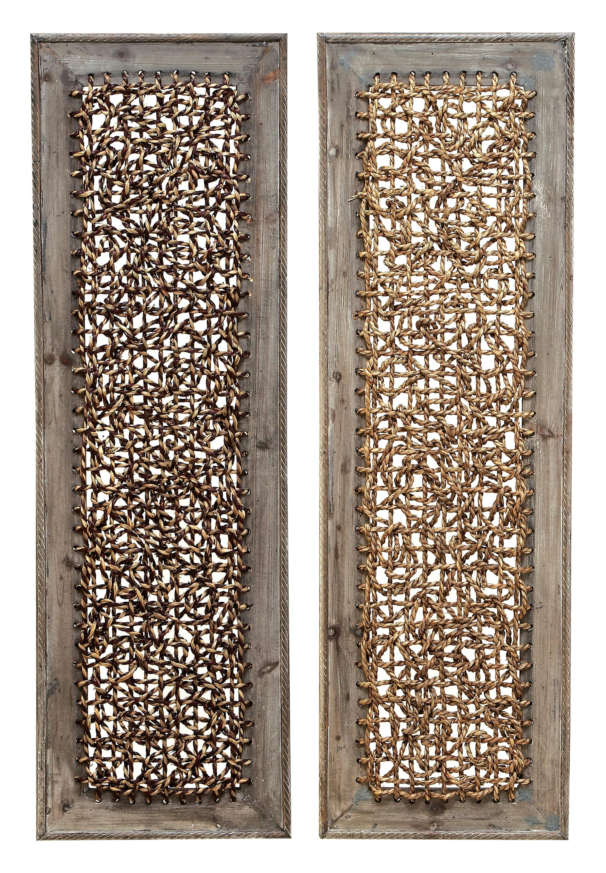 Rustic Golden Hue Woven Seagrass & Wood Abstract Wall Decor Set