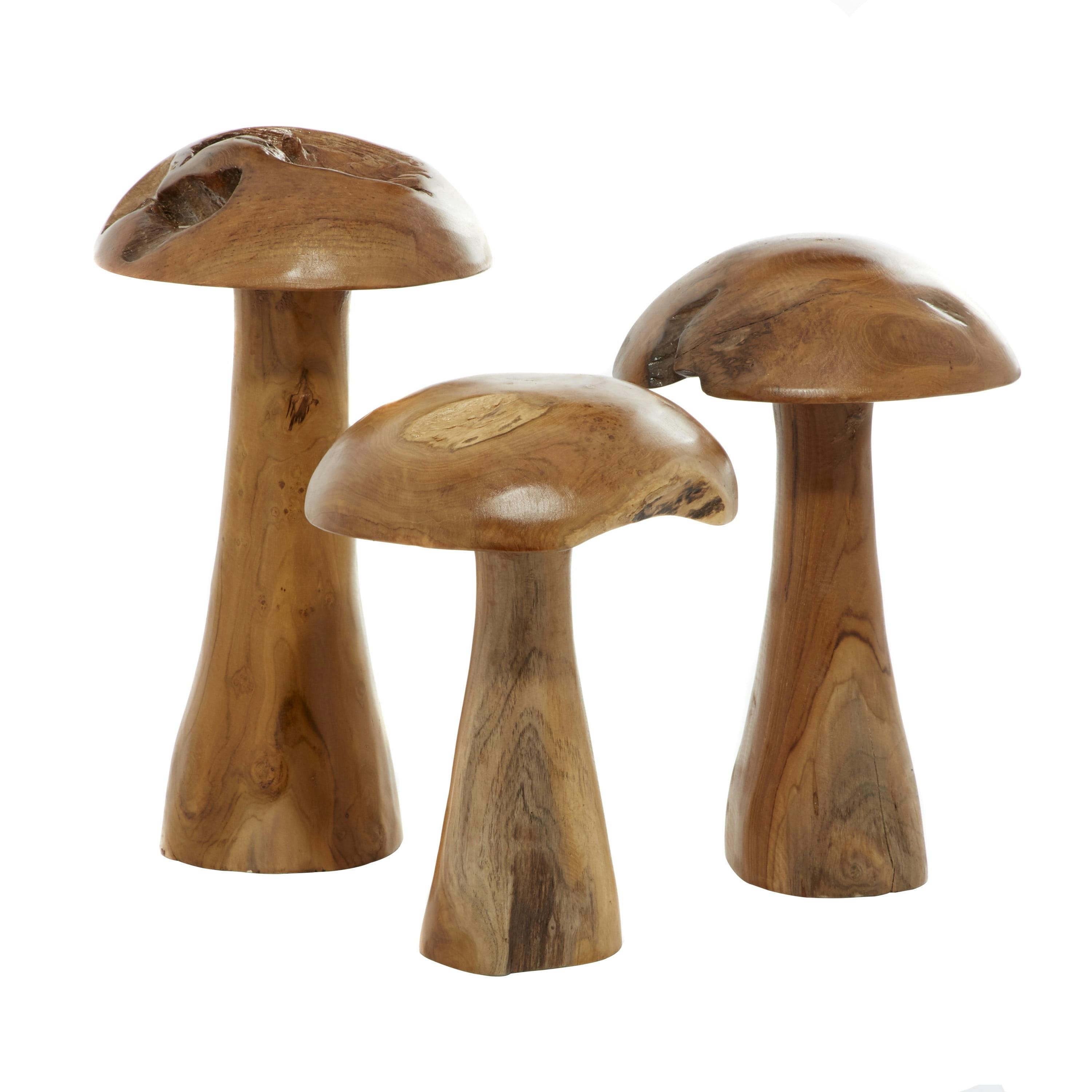Handcrafted Teak Wood Mushroom Sculptures in Natural Brown, Set of 3