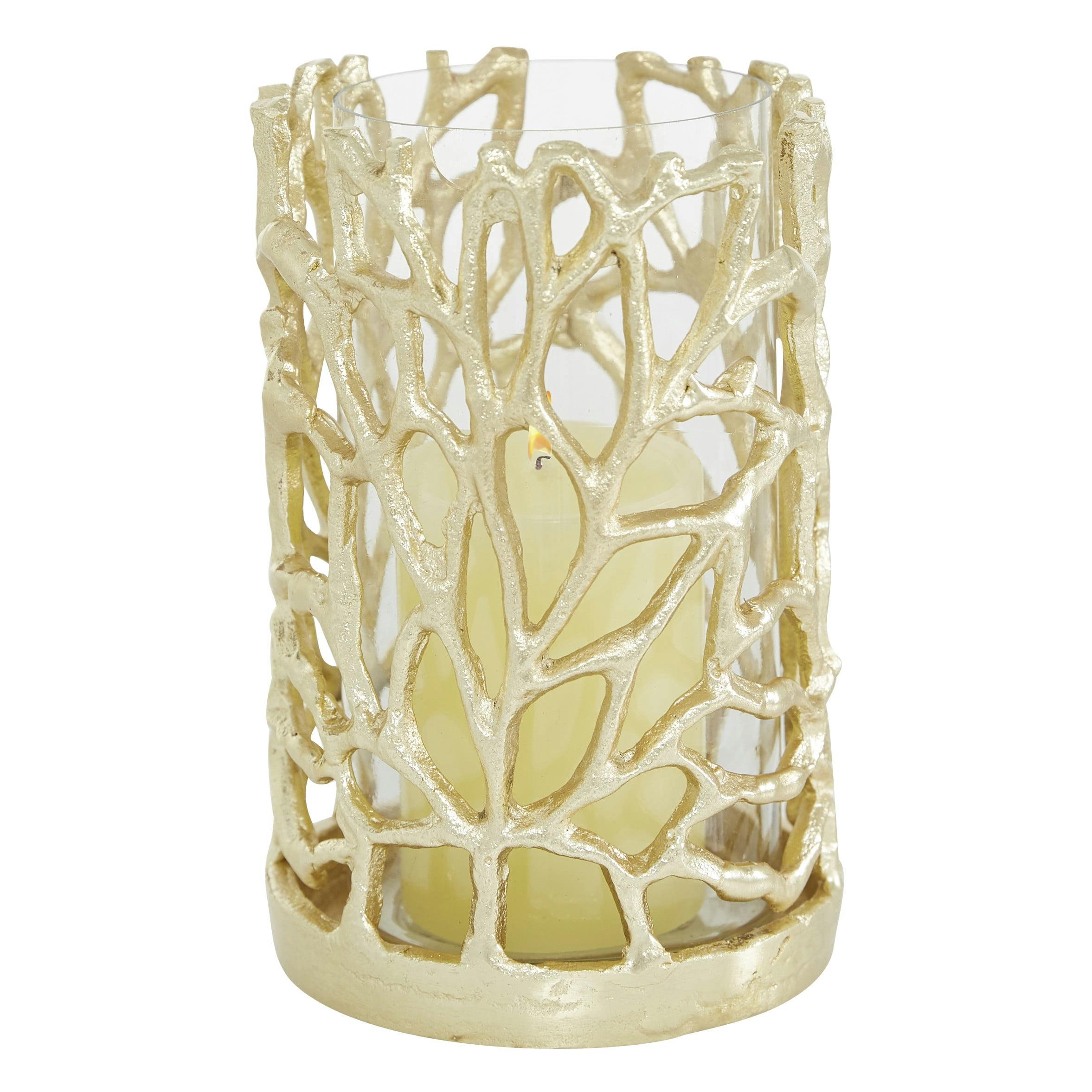 Coastal Gold-Tone Glass Hurricane Candle Lantern for Tabletop