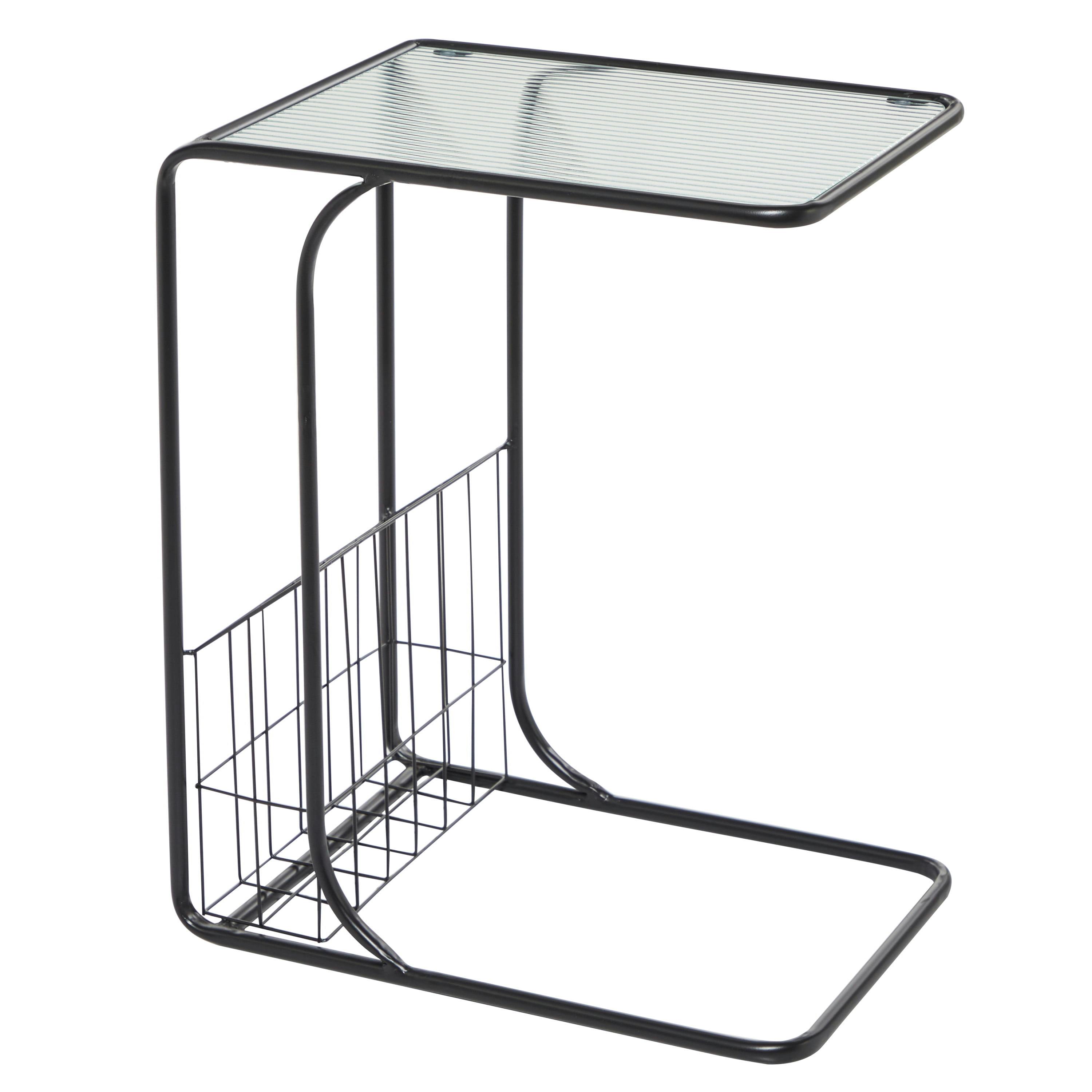 Contemporary Black Metal C-Shaped Accent Table with Glass Top