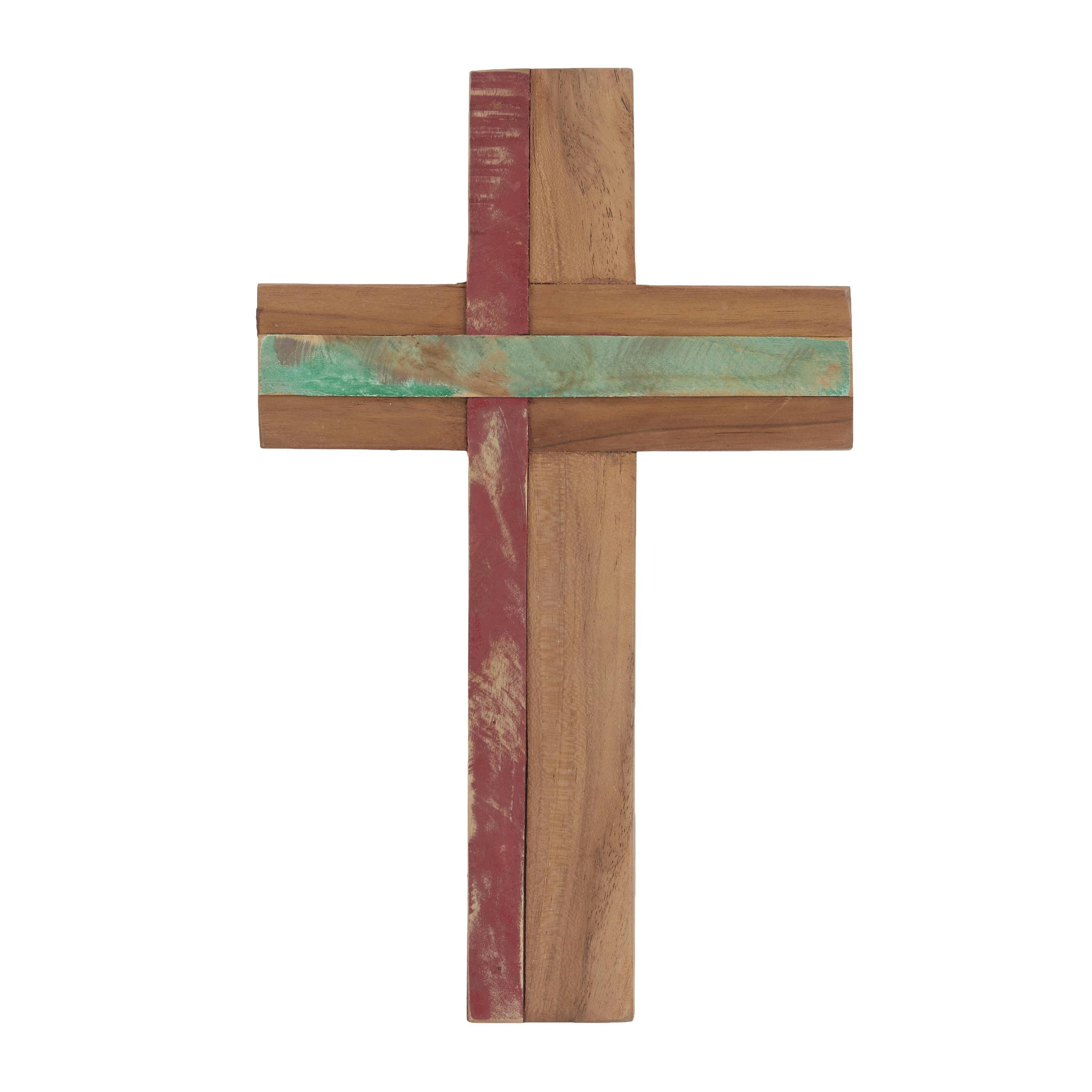 Indonesian Golden Brown and Mocha Wood Cross Statue, 15.85 in